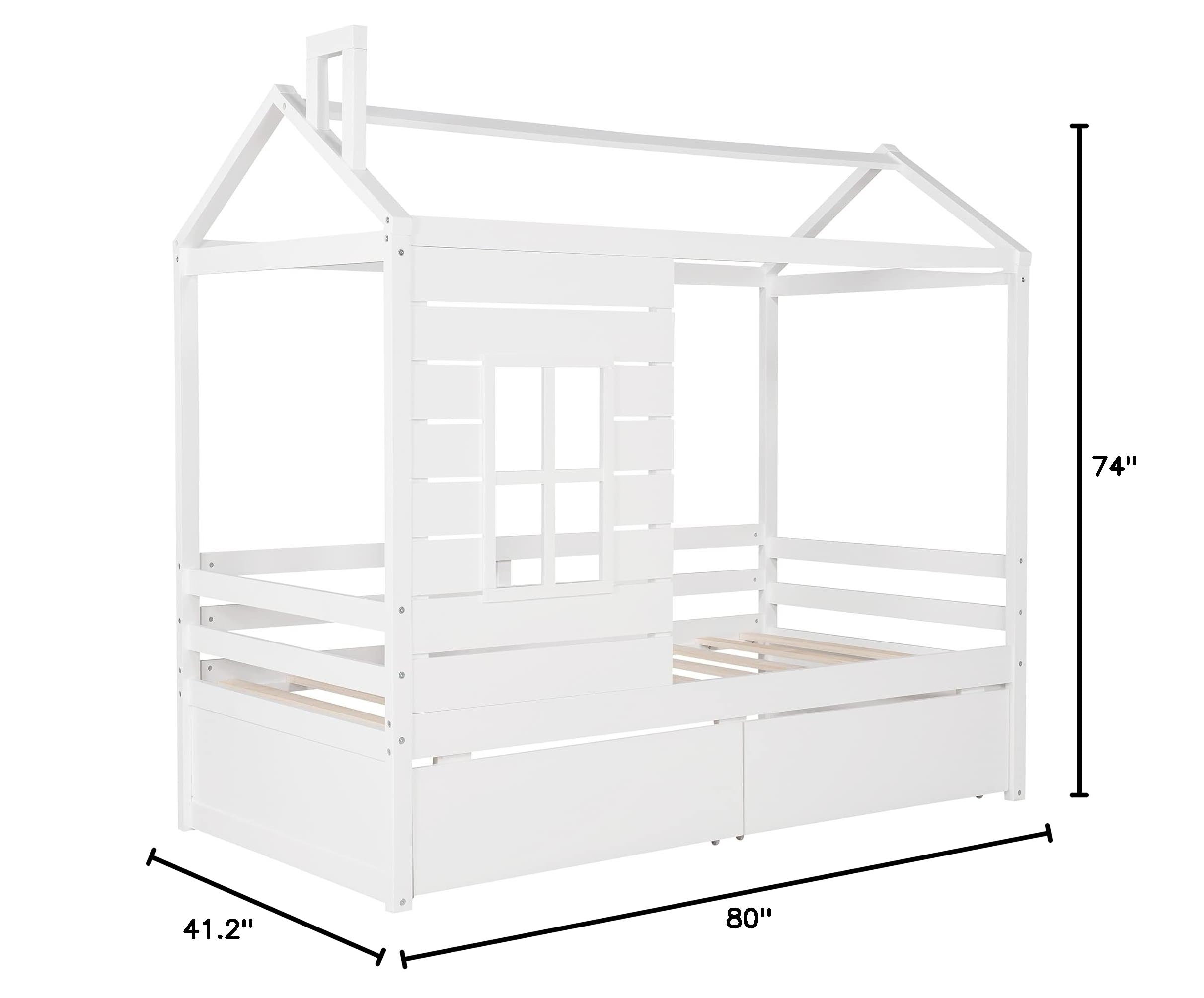**White Wooden Twin Size House Bed with Storage Drawers for Kids - Toddler Daybed Frame for Boys & Girls - Perfect for Bedrooms, Playrooms & Beach Houses**