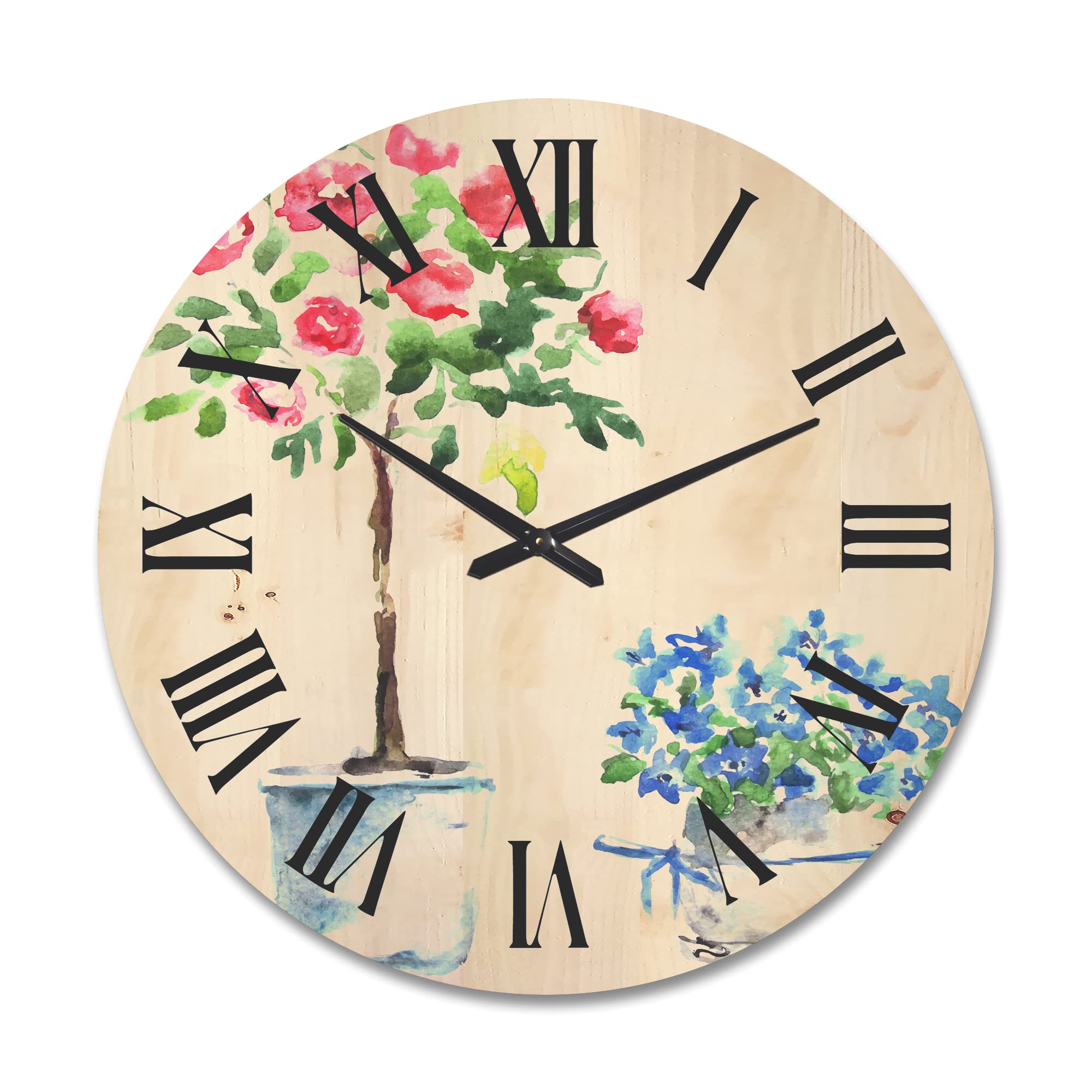 Large Traditional Wood Wall Clock with Red and Blue Houseplants Floral & Botanical Design - Oversized Decorative Clock for Living Room, Bedroom, or Office Décor | Perfect for Farmhouse, Vintage, and Rustic Home Decor