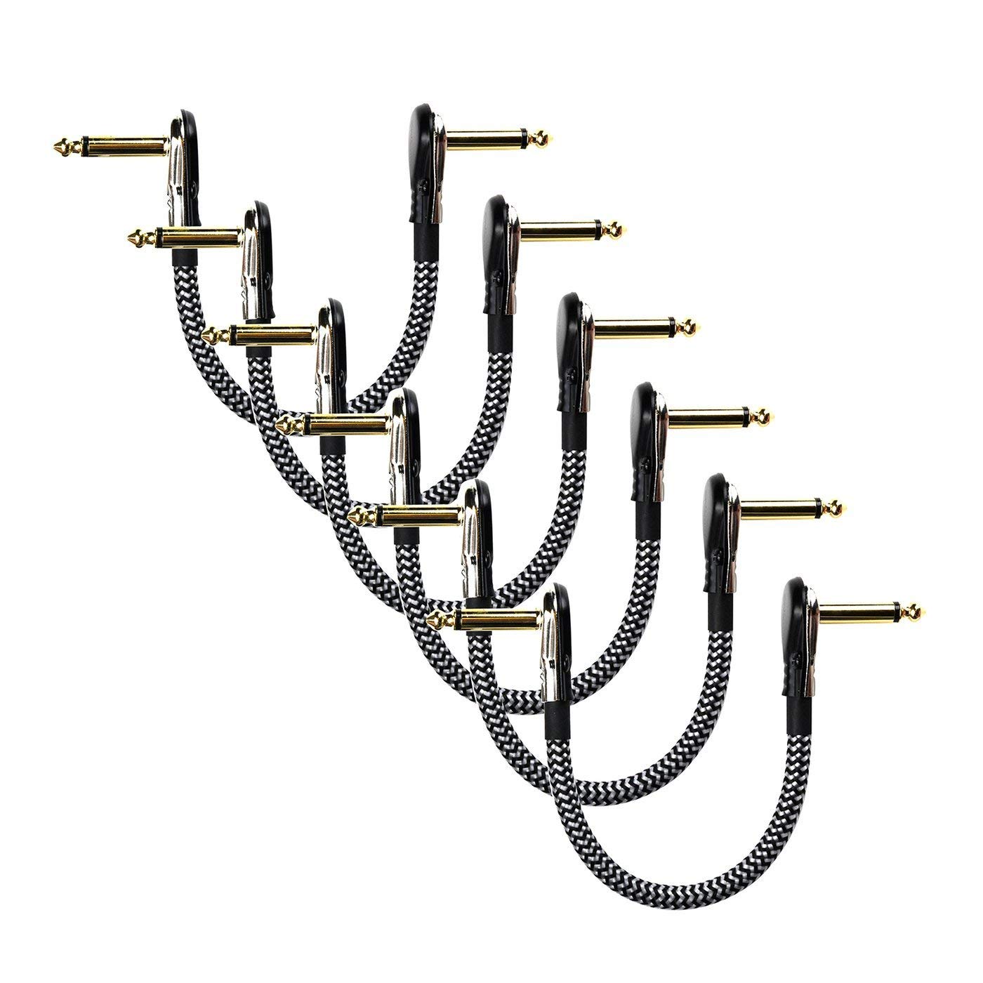 Premium 6-Pack 6-Inch Pancake Patch Cables - Black & White Woven Braided Guitar/Bass Cable for Pedalboard & Stage Use - Perfect for Musicians & Audio Equipment