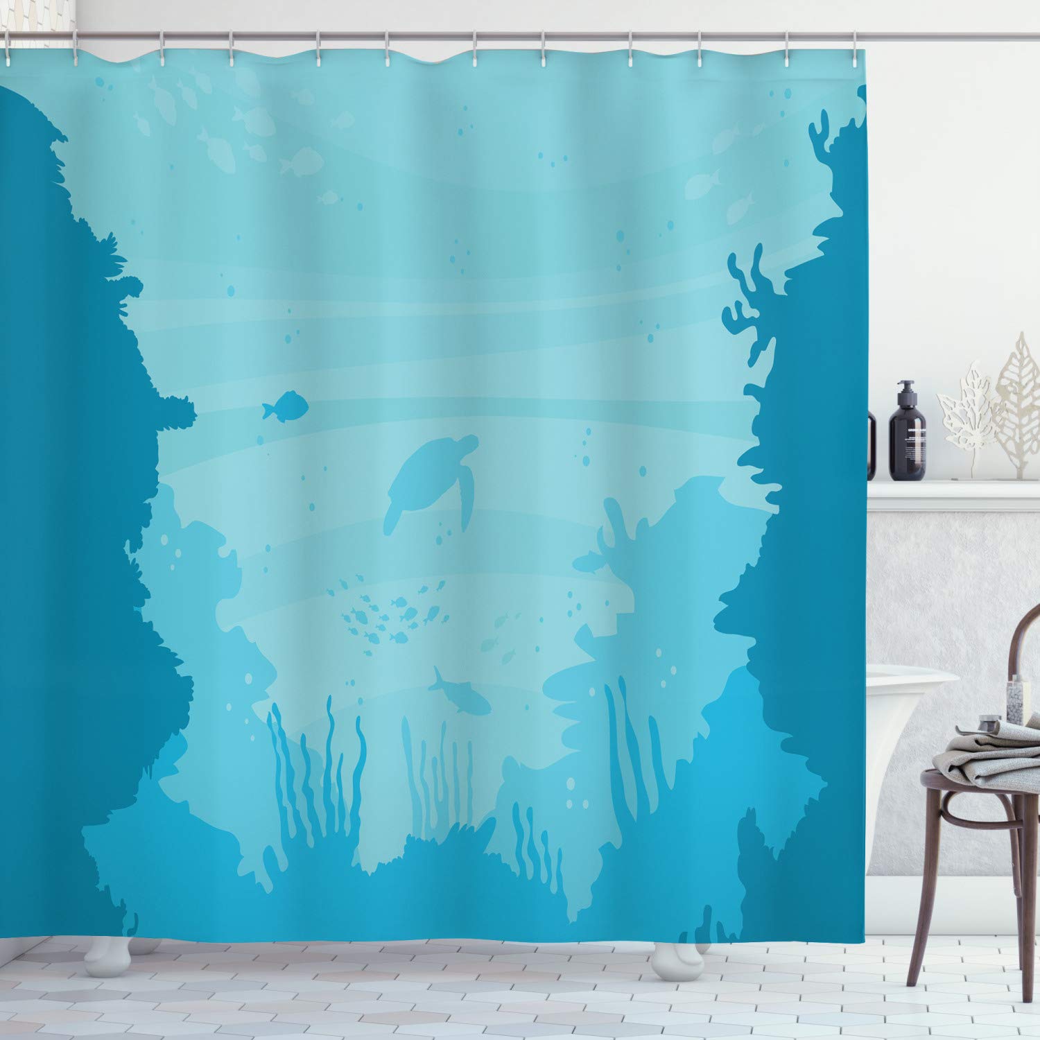 Ambesonne Under The Sea Shower Curtain - Waterproof Fabric Bathroom Decor with Hooks, 69x75 Inches, Dark Turquoise Ocean Theme Featuring Turtles & Fish | Perfect for Beach House, Kids Bathroom & Coastal Decor