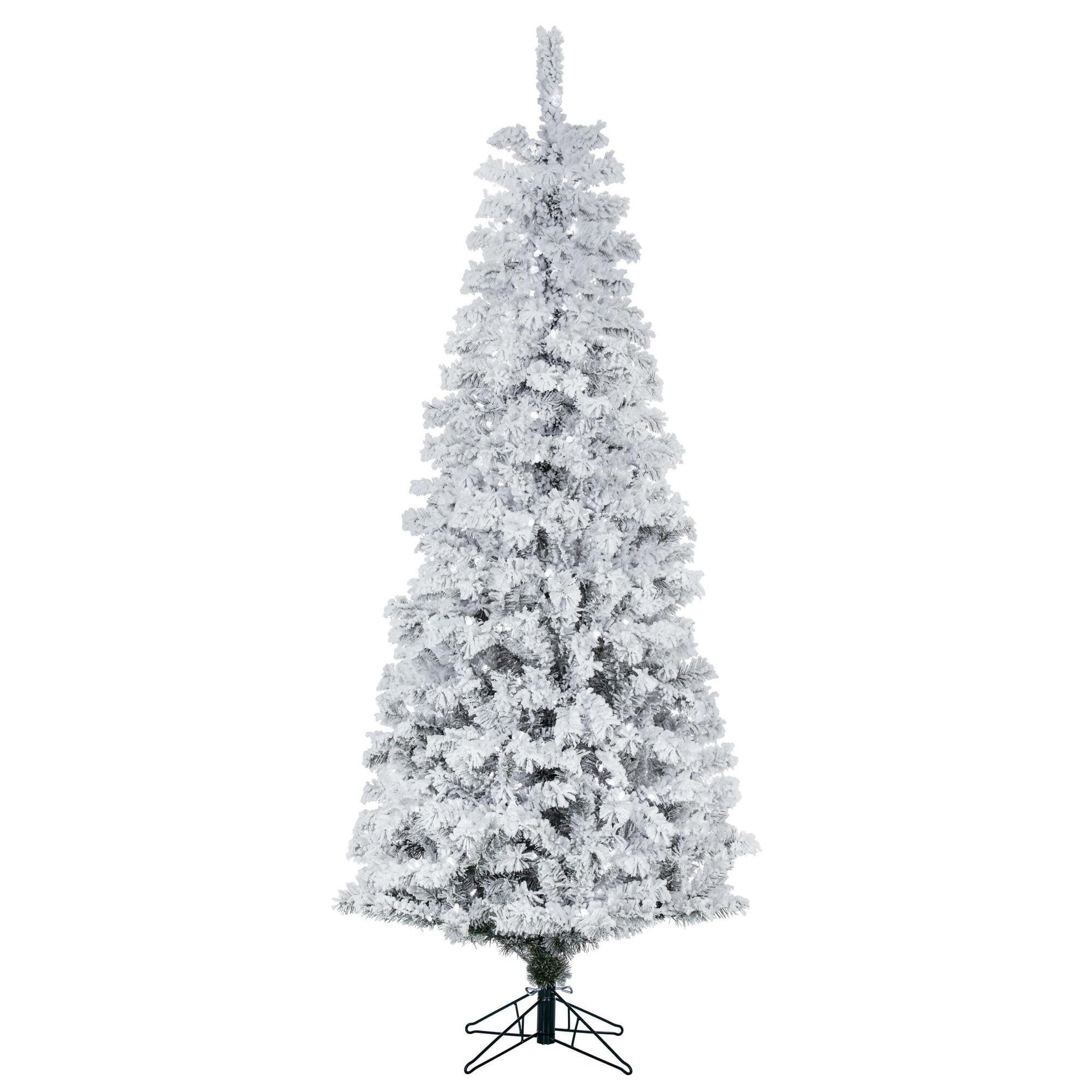 Vickerman 6.5ft Flocked Artificial Christmas Tree with Pure White LED Lights - Realistic Pencil Pine Design for Holiday Home Decor - Low Maintenance Indoor Christmas Tree for Living Room, Office & Seasonal Celebrations