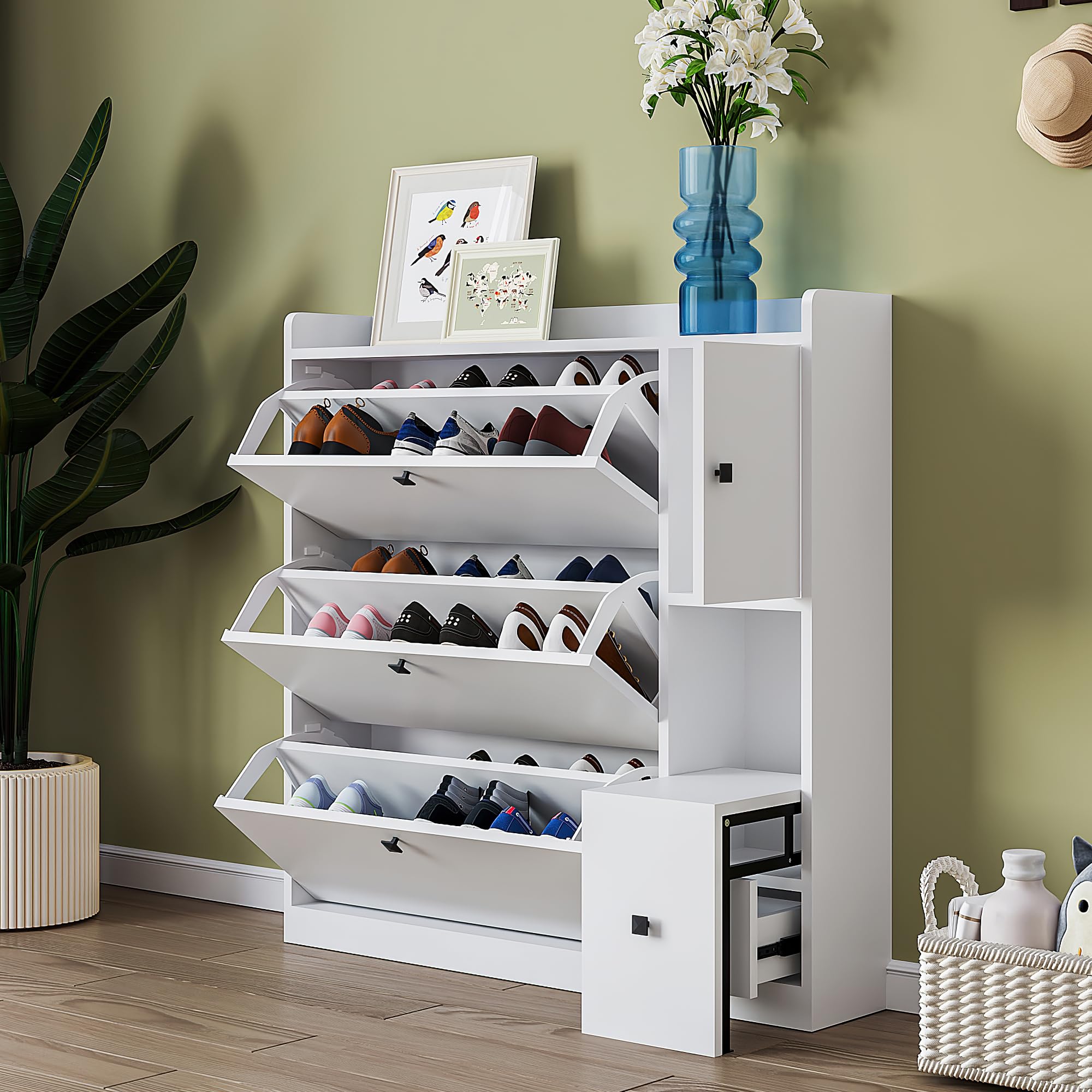 3-Tier Flip-Drawer Shoe Storage Cabinet with Bench - Freestanding Entryway Shoe Organizer for Hallway, Living Room & Apartment - Perfect for Small Spaces & Clutter-Free Home (White)
