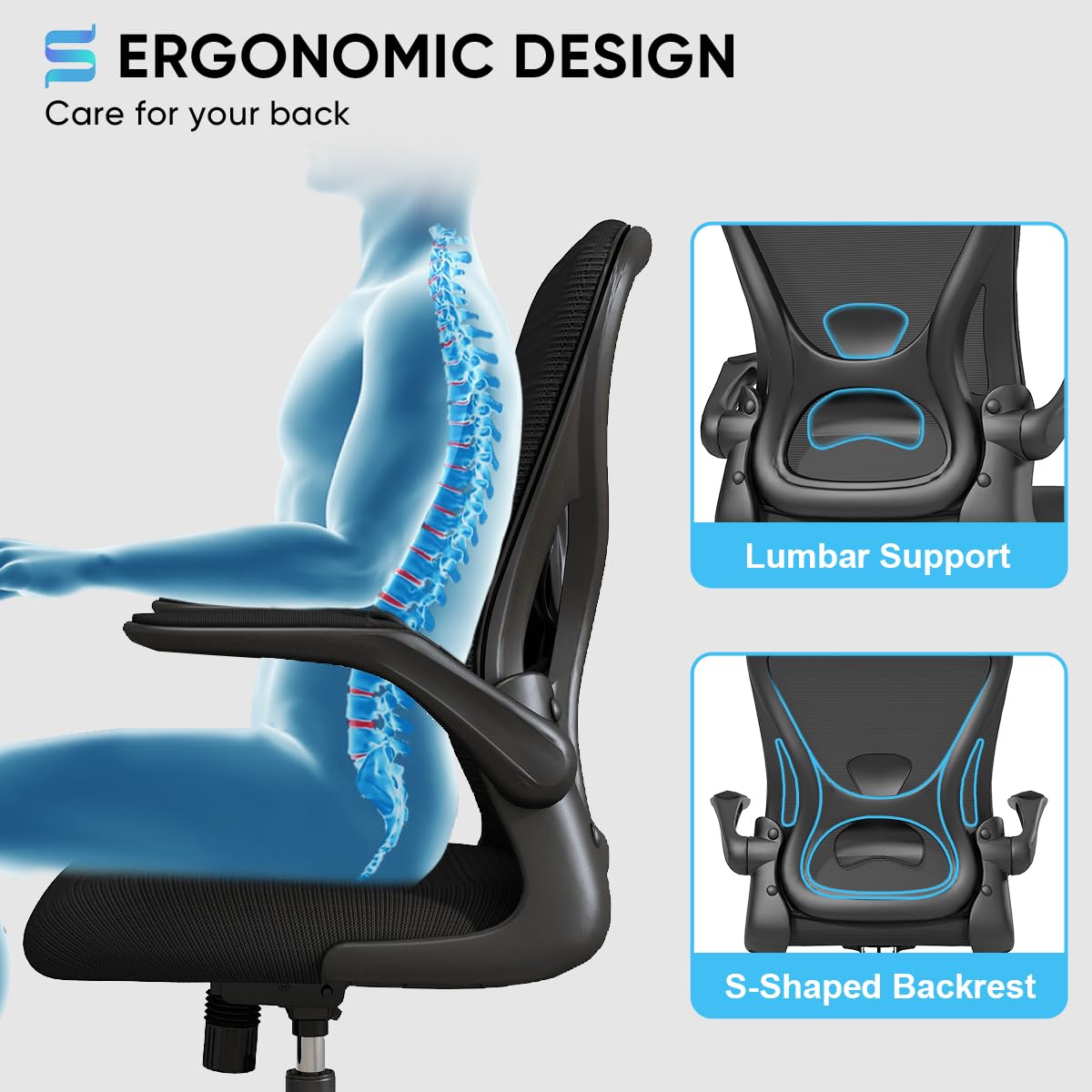 Sytas Ergonomic Office Chair with Adjustable Flip-Up Arms & Lumbar Support - Breathable Mesh Back & Padded Seat for Home Office, Gaming, or Workspace (Black) - Perfect for Long Hours of Sitting & Computer Work