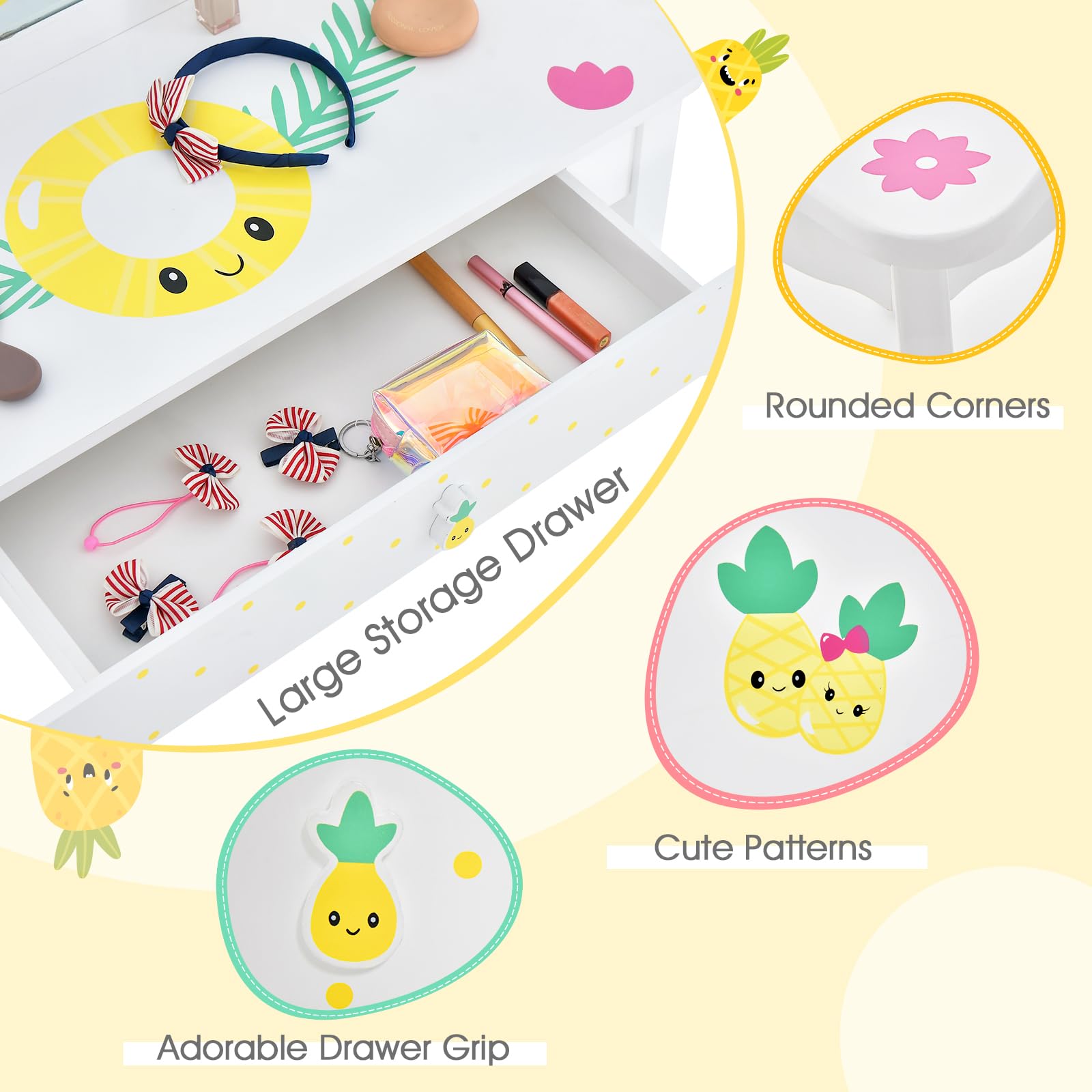 Costzon Kids Vanity Table with Tri-Folding Mirror & Drawer - Princess Makeup Dressing Set for Girls, 2-in-1 Detachable Top Pretend Play Beauty Station (Fruit Pattern) - Perfect for Bedroom Decor & Role Play Gifts