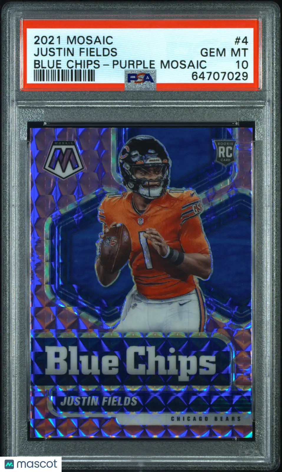 2021 Panini Mosaic Blue Chips PSA 10 Justin Fields Rookie Card Purple Mosaic 34/49 #4 - Rare Football Collectible for Sports Fans & Investment