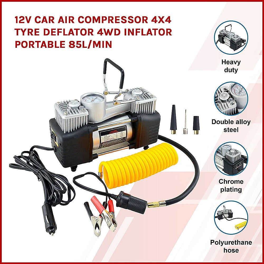 12V Portable Car Air Compressor - 85L/min High Power Tire Inflator for 4x4, SUV & Off-Road Vehicles - Ideal for Emergency Tire Inflation, Camping & Outdoor Adventures