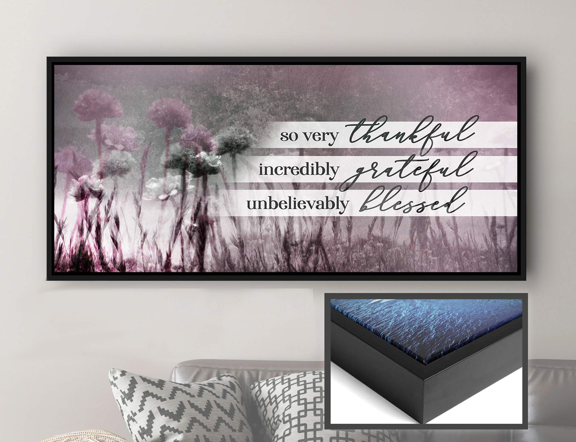 Rustic Dandelion Wall Art - So Very Thankful Blessed Religious Canvas Print with Black Floating Frame (42x19, Purple) - Perfect for Farmhouse, Bedroom & Living Room Nature Decor