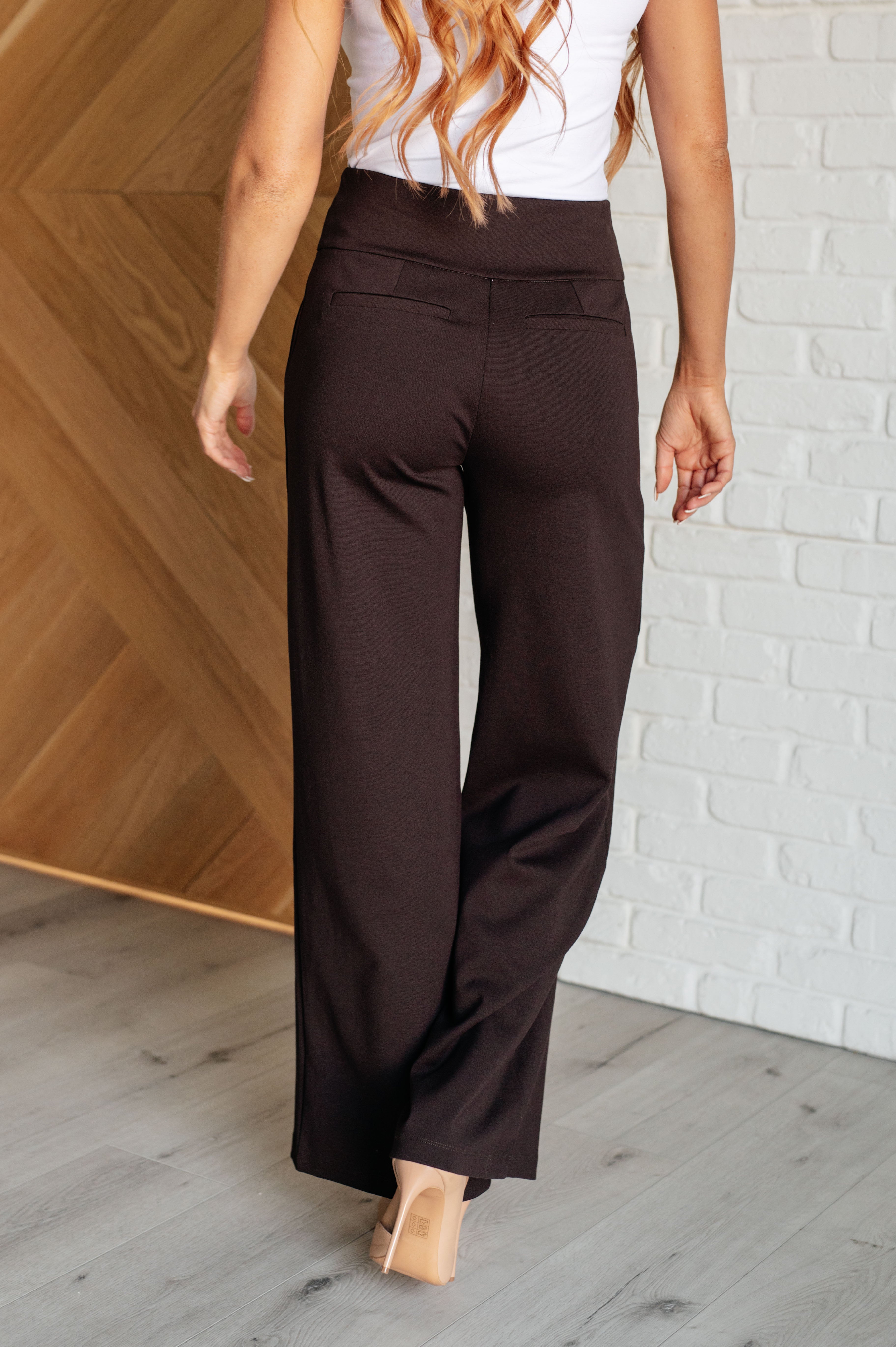 Magic Wide Leg Pants for Women - Comfortable High Waisted Chocolate Brown Trousers for Work, Travel & Casual Outfits