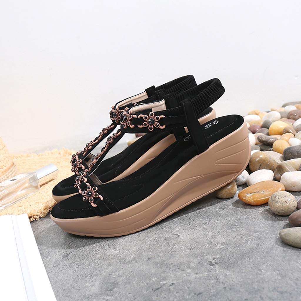 Women's Black Wedge Sandals with Flower Rhinestone Design - Comfortable Platform Summer Sling Sandals for Beach, Boho & Casual Outfits | Plus Size Available