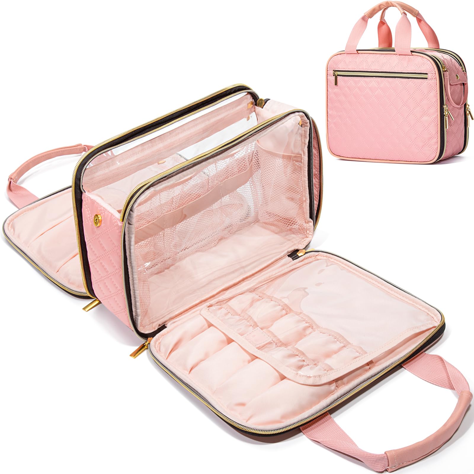 FUNSEED Hanging Travel Toiletry Bag for Men & Women - Large Capacity Waterproof Makeup Organizer with Multiple Compartments for Cosmetics, Jewelry, Toiletries - Perfect for Vacation, Business Trips & Gym (Pink)