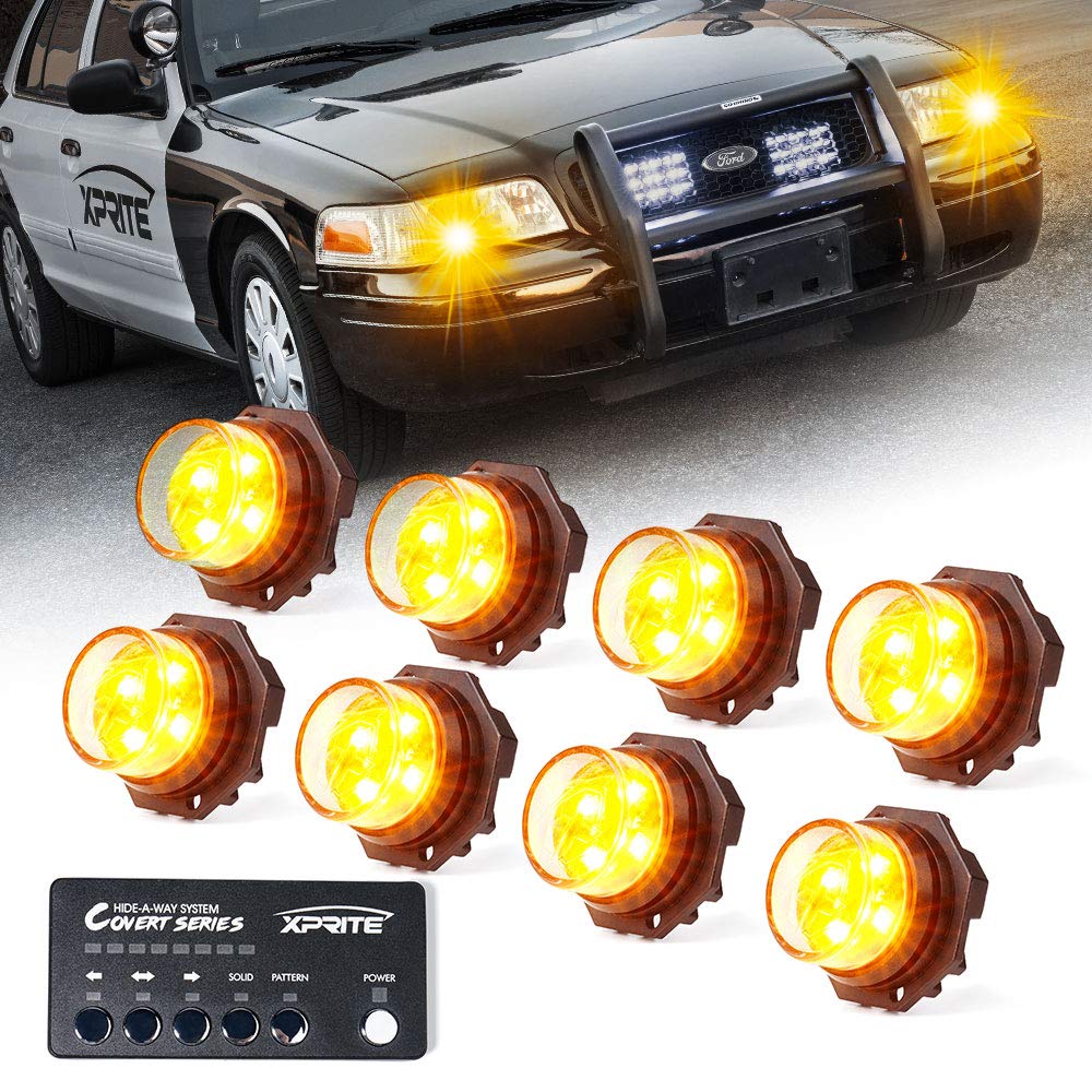 Xprite Amber LED Hideaway Strobe Lights Kit - 20 Flashing Patterns with Control Panel for Headlights, Taillights & Fog Lights | Universal Fit for Emergency Vehicles, Trucks, SUVs, Vans, UTVs & ATVs (8-Piece Set) - Perfect for Roadside Safety, Off-Road Adventures & Emergency Signaling