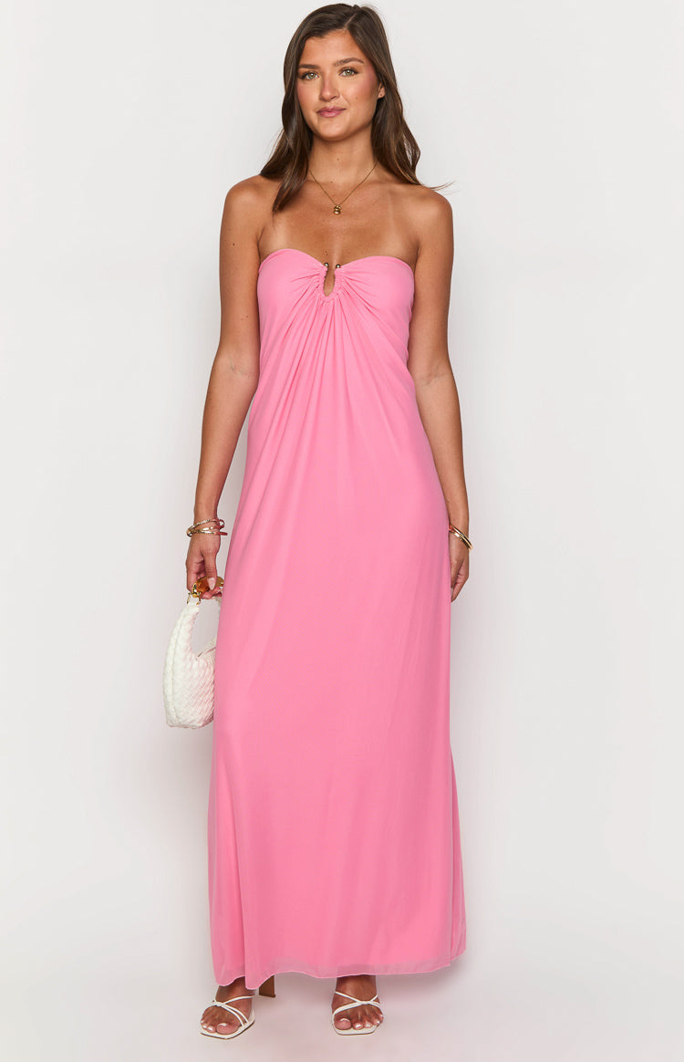 Elegant Pink Strapless Maxi Dress for Women - Flowy Summer Beach Wedding Party Gown - Perfect for Vacations, Date Nights & Special Occasions
