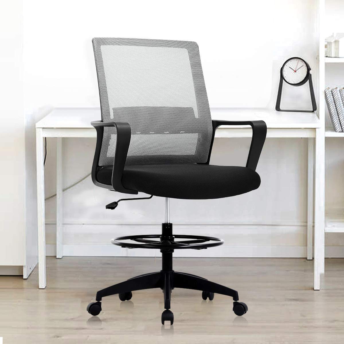 Ergonomic Drafting Chair with Adjustable Foot Ring & Mid-Back Mesh - Lumbar Support Office Chair for Standing Desk, Computer Work, Reception & Task Seating - Swivel Tall Chair for Artists, Architects & Gamers (Grey) - Perfect for Home Office, Studio & Workspaces