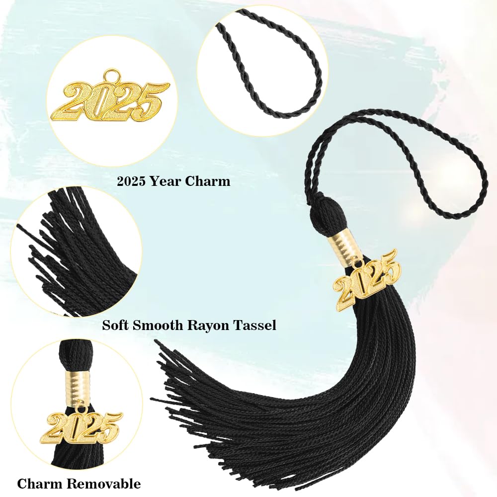 2025 Graduation Tassel with Gold Charms - Black Cap Tassel for High School & College Graduation Ceremonies - Perfect Graduation Accessory for 2025 Graduates - Commencement, Diploma, and Graduation Party Decor