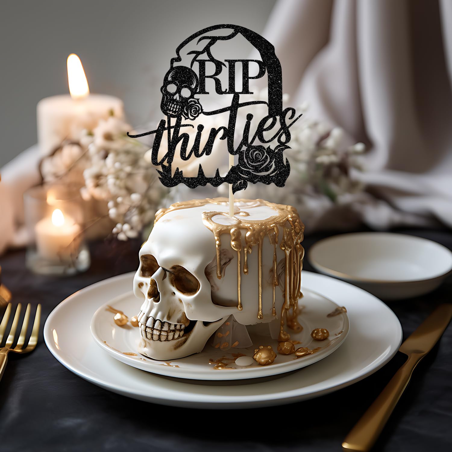 RIP 30s Cake Topper - Death to My Thirties Black Glitter Cake Decor - Funeral Theme 35th & 40th Birthday Party Supplies - Perfect for Dark Humor Celebrations & Milestone Birthday Decorations