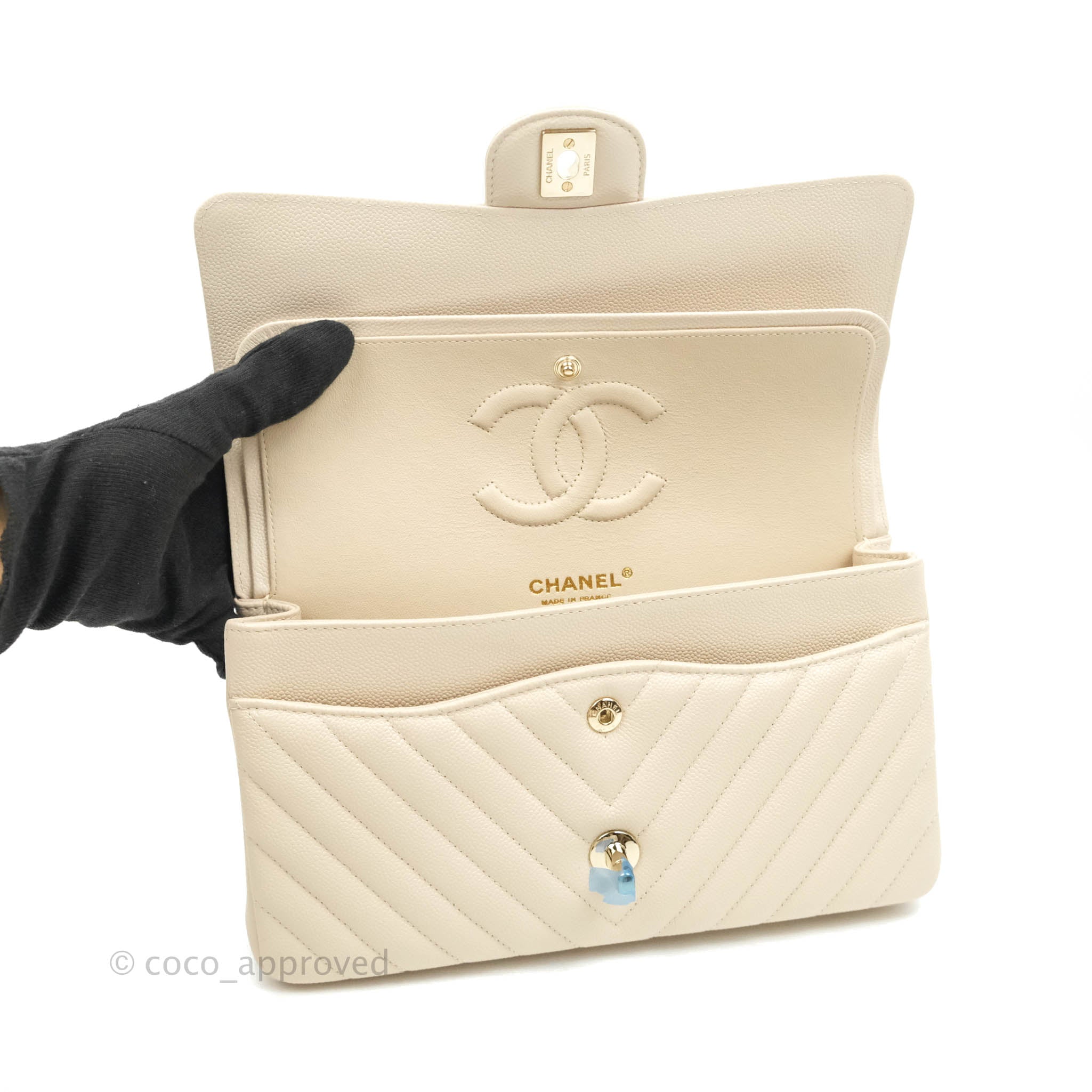 Chanel Classic Medium Double Flap Bag - Chevron Light Beige Caviar Leather with Gold Hardware (20B Collection) | Luxury Crossbody Purse for Women, Perfect for Date Nights & Special Occasions