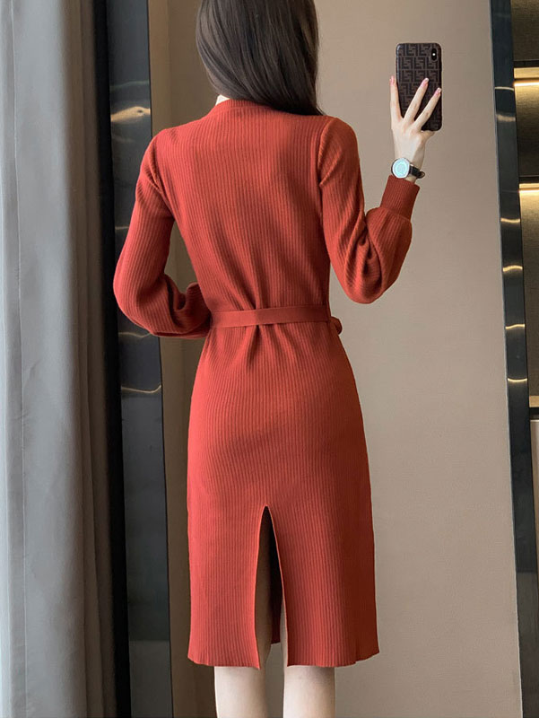 Stylish Orange and Black Winter Knit Sweater Dress for Women - Cozy Cold Weather Outfit for Christmas, Holiday Parties & Casual Wear