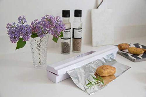 WENKO Plastic Wrap Dispenser with Built-in Cutter, Aluminum Foil & Saran Film Holder for Kitchen Organization, Refillable & Space-Saving (14.96 x 2.05 x 2.64 Inches, White) - Perfect for Food Storage, Meal Prep & Countertop Organization