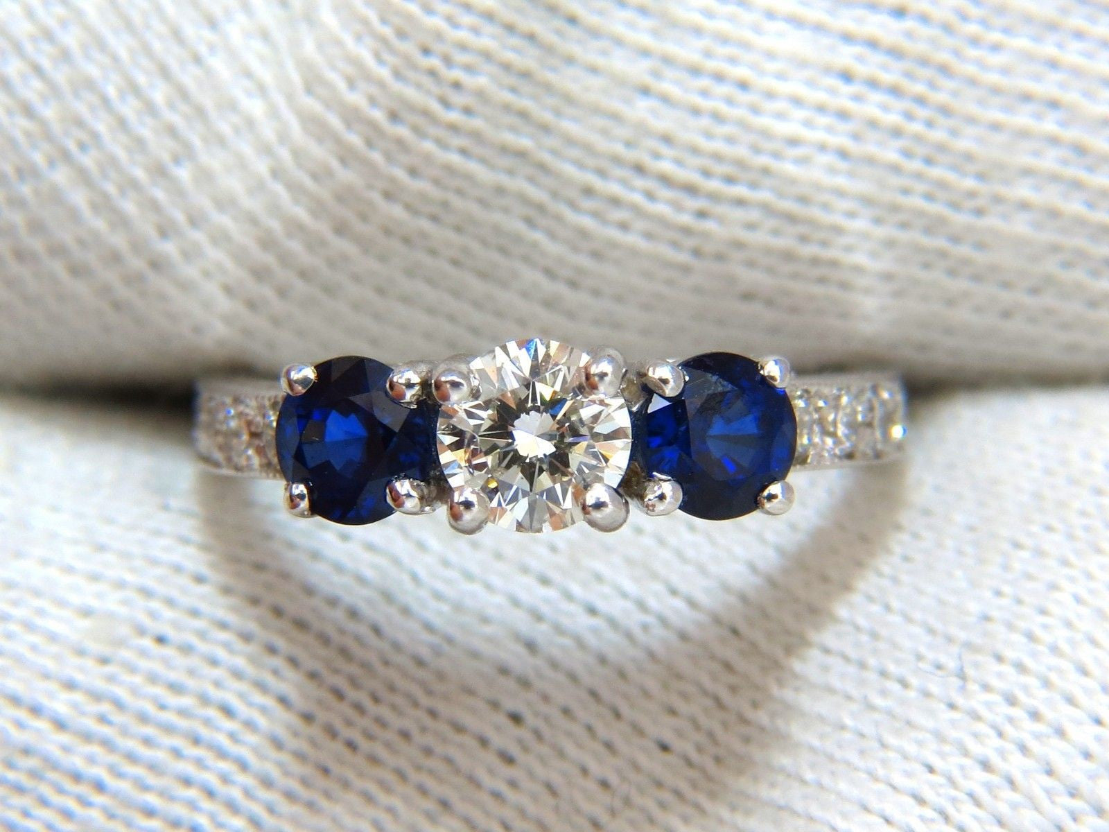 1.85ct Natural Blue Sapphire & Diamond Ring in 14K Gold - Classic Three Bead Setting for Engagement, Wedding & Anniversary Gifts