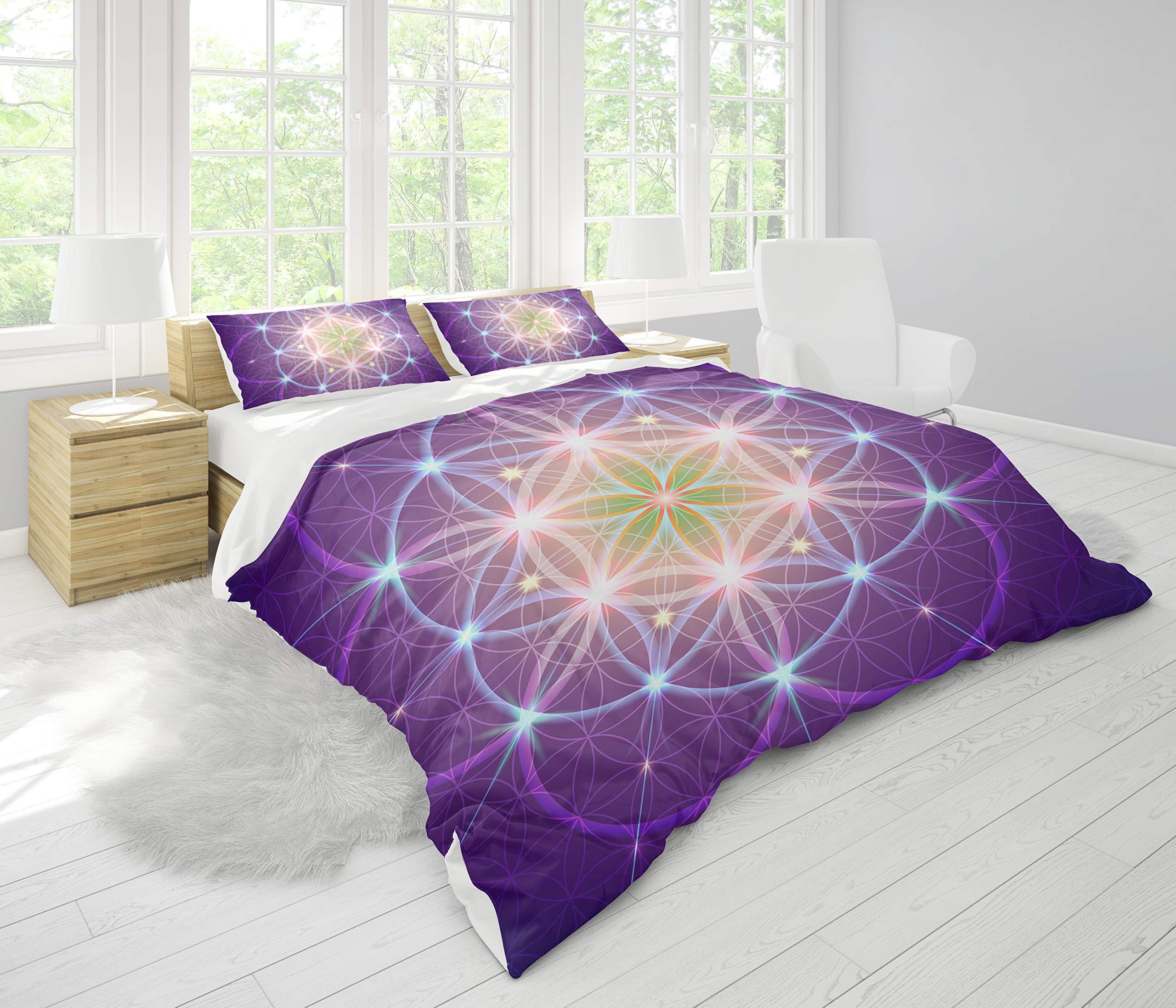 Sacred Geometry Duvet Cover King Size - Purple Flower of Life Spiritual Bedding Set with 2 Pillowcases - Yoga Meditation Bedroom Decor for Boho Chic Home & Holistic Healing Spaces