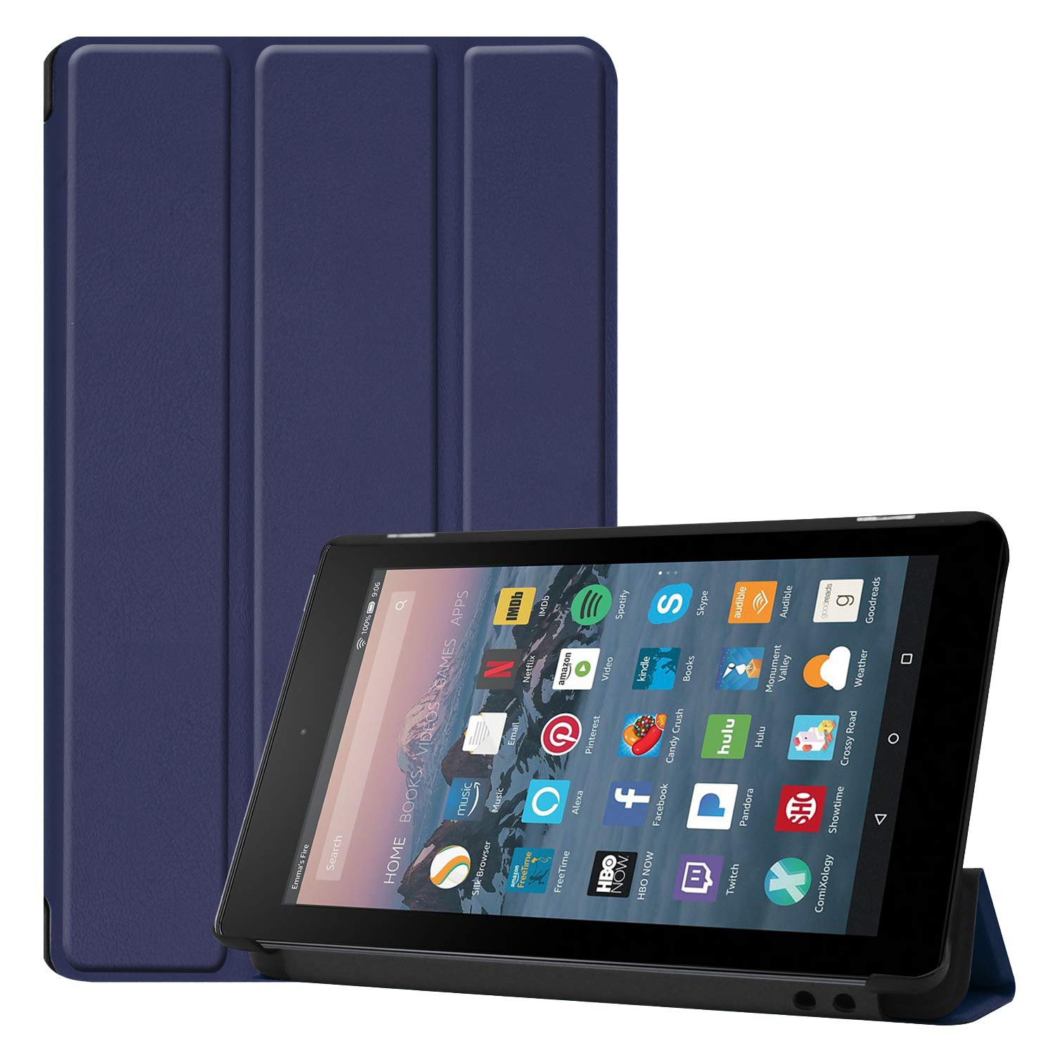 Premium Ultra Slim Leather Folio Case for Amazon Kindle Fire 7 (7th/9th Gen) & Fire HD 7 (2017/2019) - Auto Sleep/Wake Function, Stand Feature - Dark Blue - Perfect for Reading, Travel & Home Use