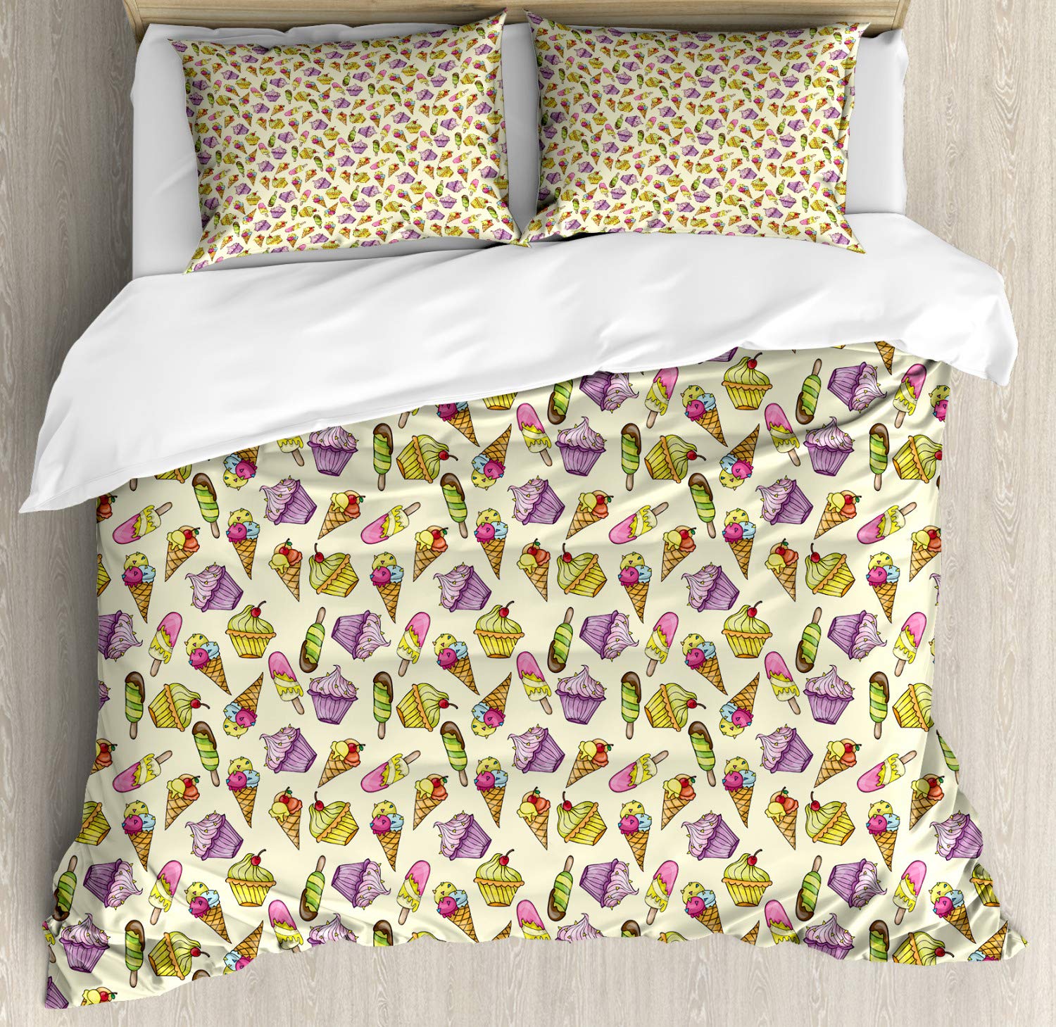 Ambesonne Ice Cream Duvet Cover Set - Yummy Cupcakes Chocolate Party with Cherry Cones Fruit Theme - 3 Piece Bedding Set with 2 Pillow Shams - California King Size - Cream & Multicolor - Perfect for Kids' Rooms, Birthday Parties & Sweet-Themed Bedroom Decor