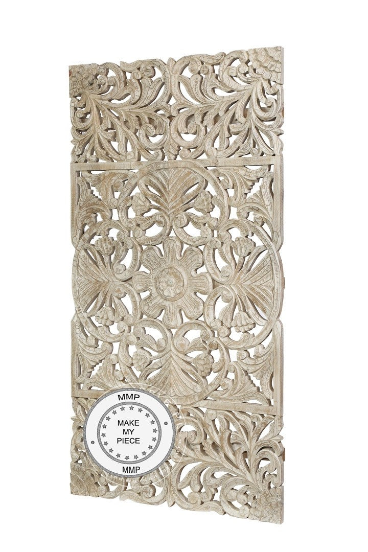 Exquisite Hand-Carved Indian Solid Wood Oriental Wall Panel - White | Traditional Asian Home Decor for Living Room, Bedroom & Meditation Spaces