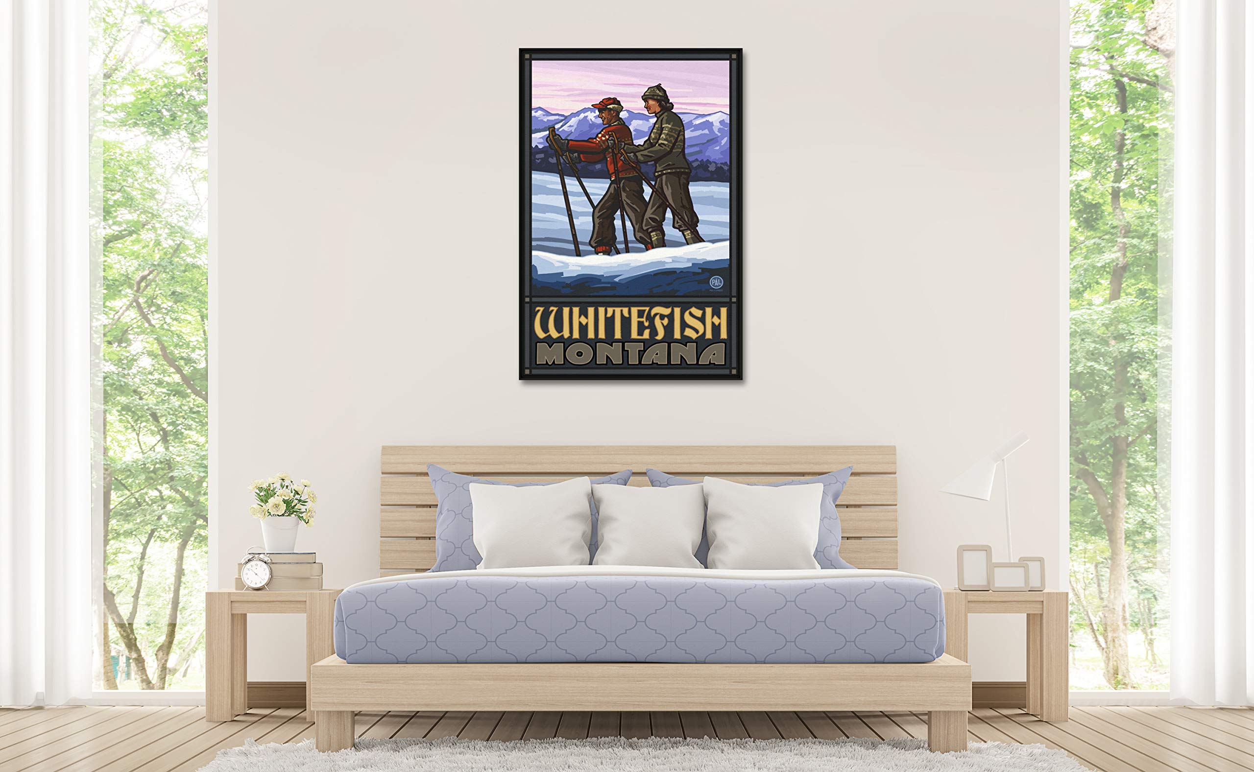 Whitefish Montana Cross Country Skiers Framed Canvas Wall Art - 30x45 Inch Giclee Print by Paul A. Lanquist - Perfect for Living Room, Bedroom & Office Decor - Winter Sports Landscape Painting for Ski Enthusiasts