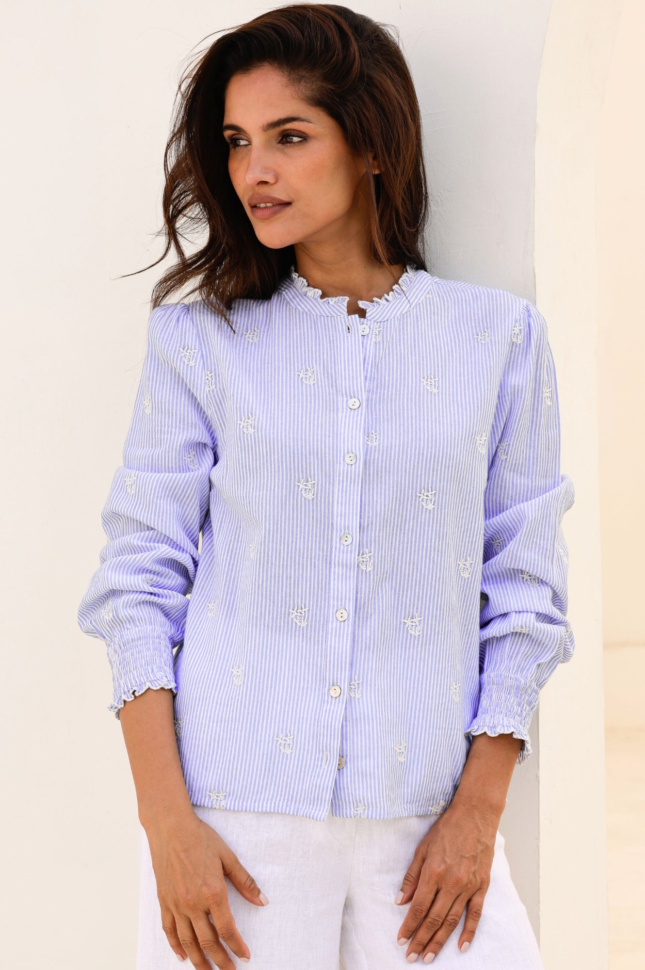 Cosima Organic Cotton Shirt for Women - Soft Breathable Blue & White Striped Tops - Perfect for Casual Wear, Office & Summer Outfits