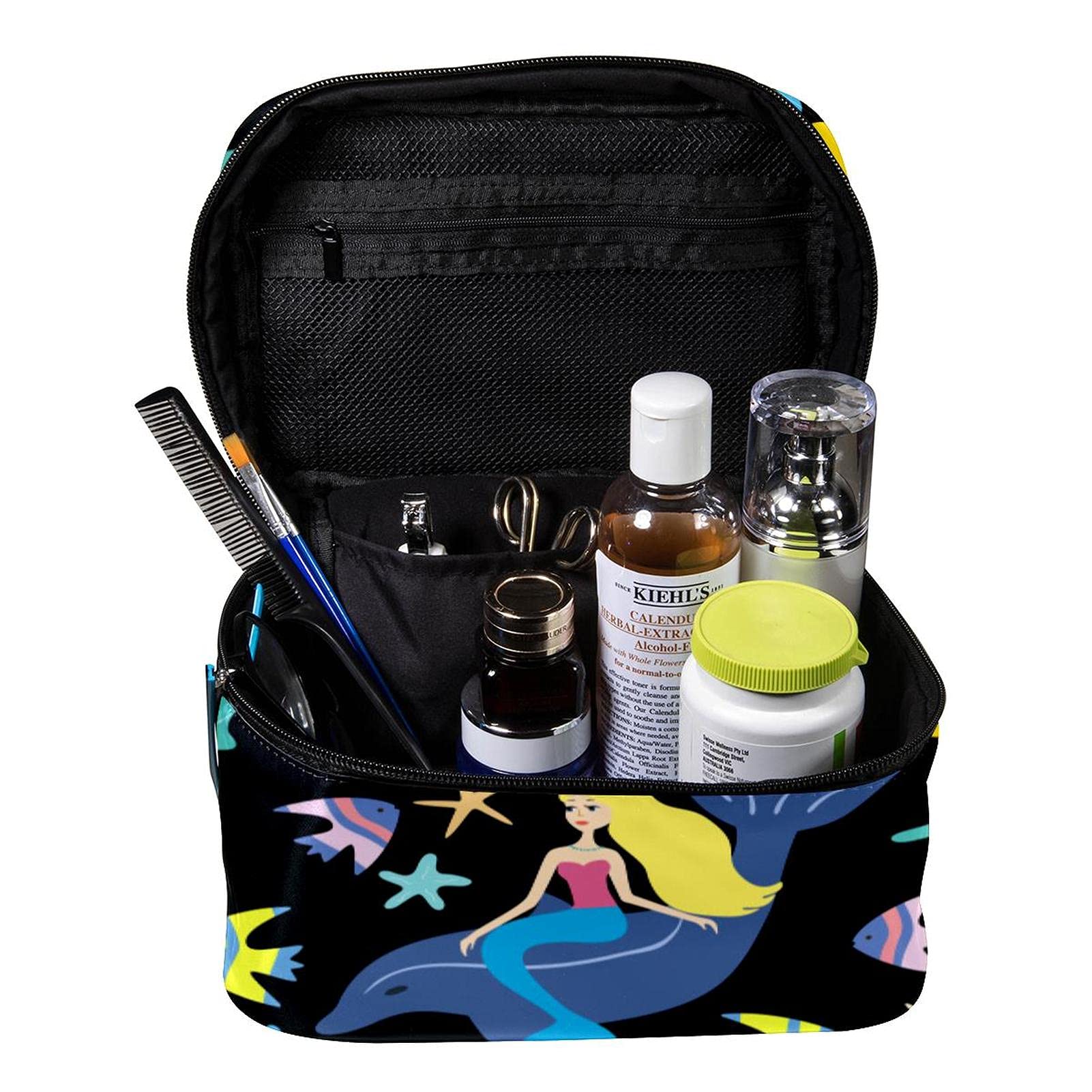 Waterproof Large Cosmetic Bag for Women - Cute Marine Whale Mermaid Fish Starfish Travel Makeup Case Organizer with Zipper, Perfect for Beach Vacation, Swimming Pool, Gym & Daily Use