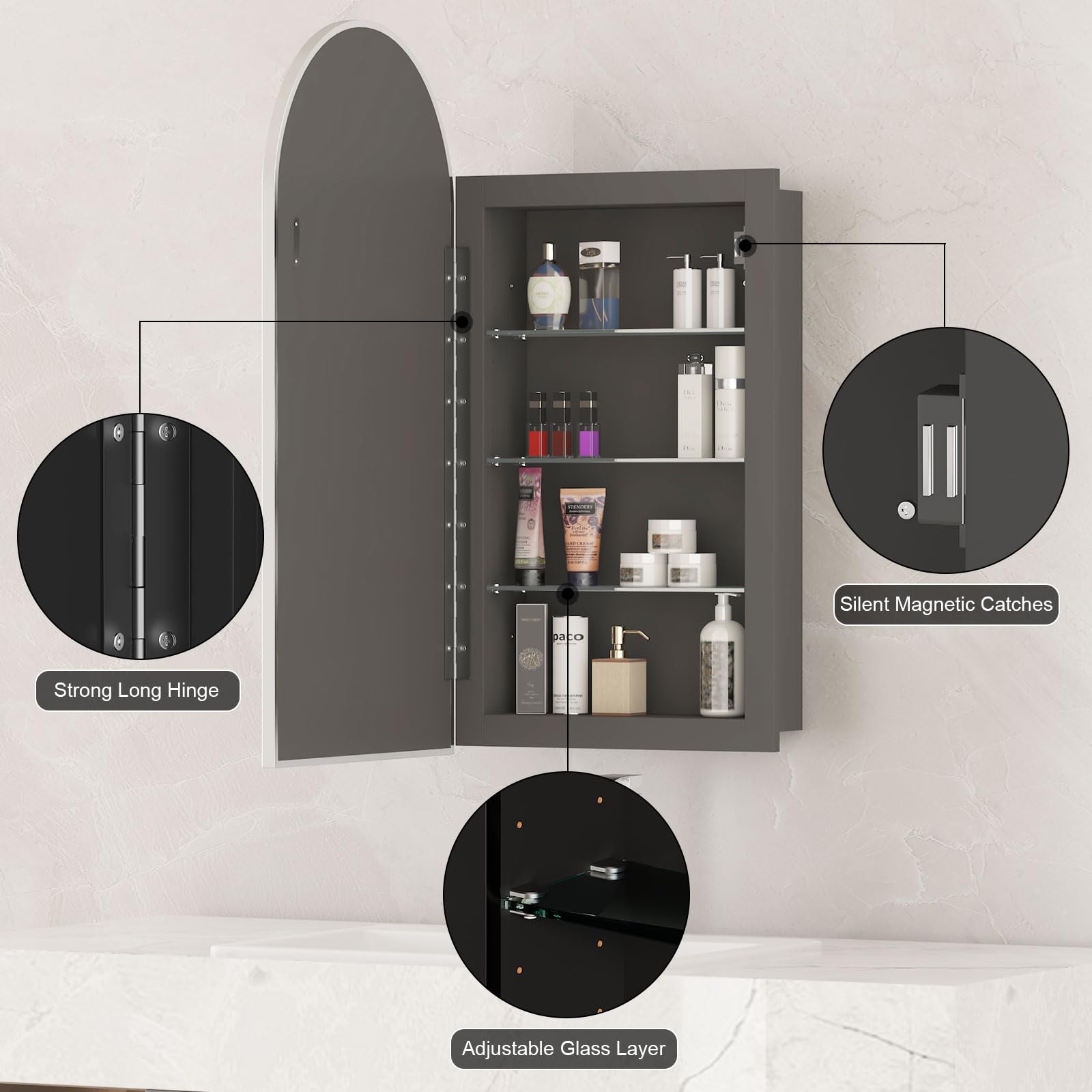 Arched Recessed Medicine Cabinet with Mirror - Brushed Nickel Bathroom Storage Cabinet, 16x31 Inch - Perfect for Small Bathrooms & Vanity Spaces
