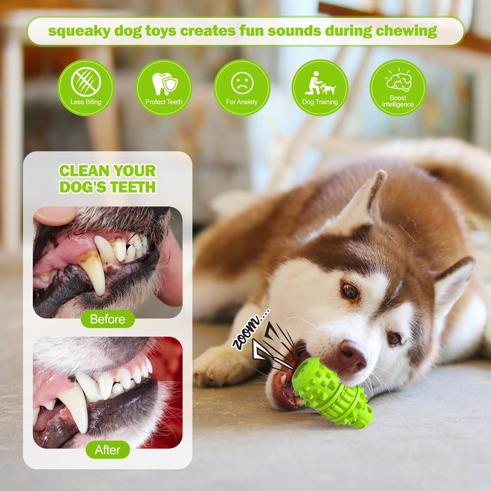**Durable Natural Rubber Dog Chew Toys for Aggressive Chewers - Tough Squeaky Interactive Dog Toys for Small & Medium Breeds - Dog Birthday Gift & Toothbrush (Green, Small) - Perfect for Playtime, Training & Dental Health**