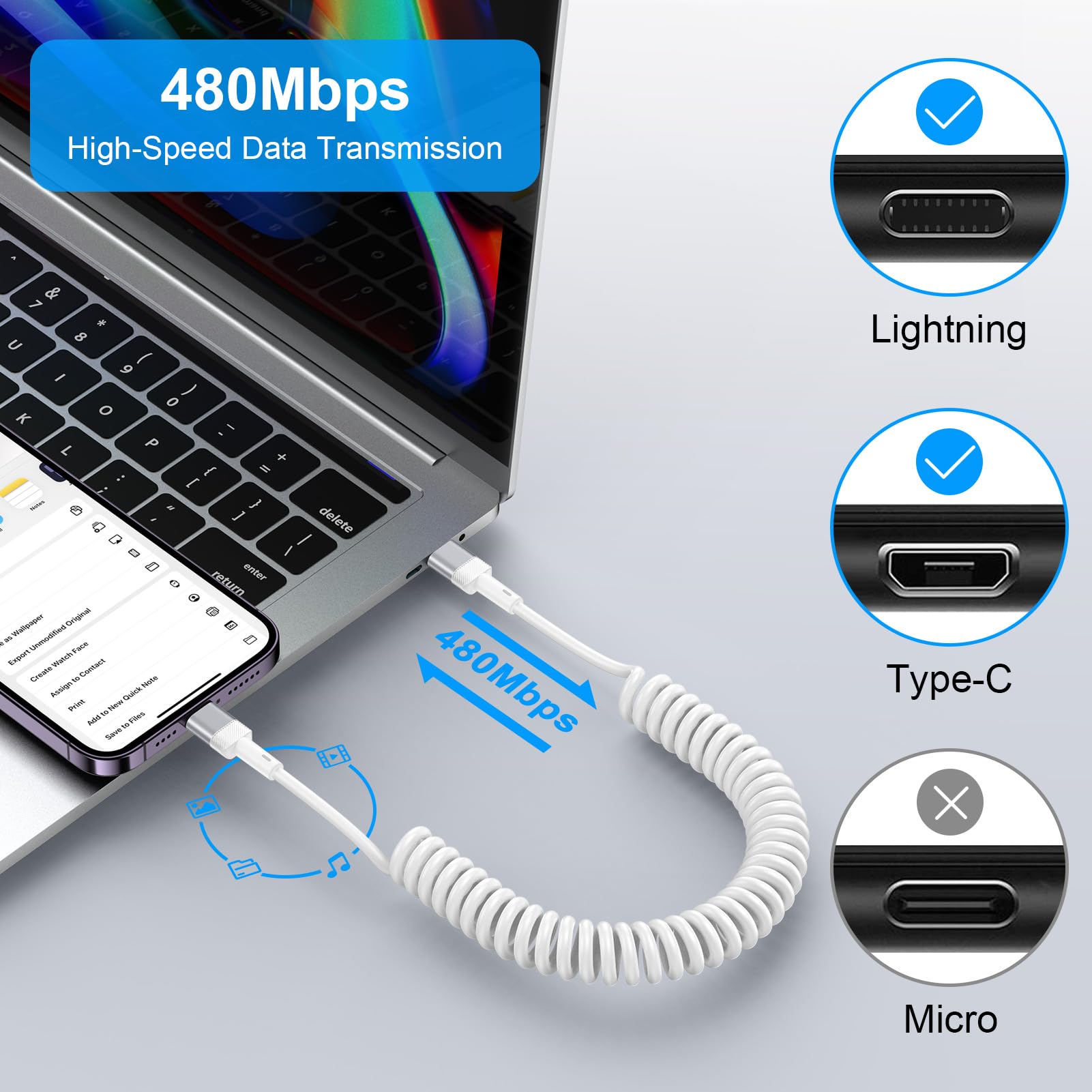 Apple USB C CarPlay Cable - 2 Pack Retractable Coil Charging Cable for iPhone 14 Pro Max/14 Plus/14/13/12/11/Xs/XR & iPad - Fast Charging, Tangle-Free Design for Car, Home, and Office Use