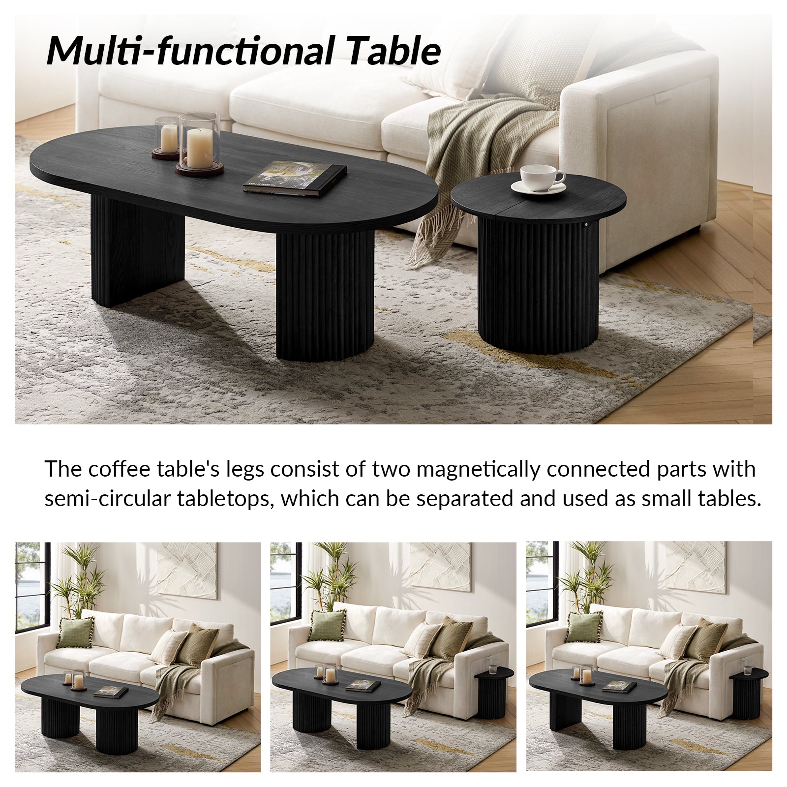 Laurenzo Adjustable Solid Wood Oval Coffee Table with Convertible Nesting Design - Modern Living Room Furniture for Small Spaces & Home Decor