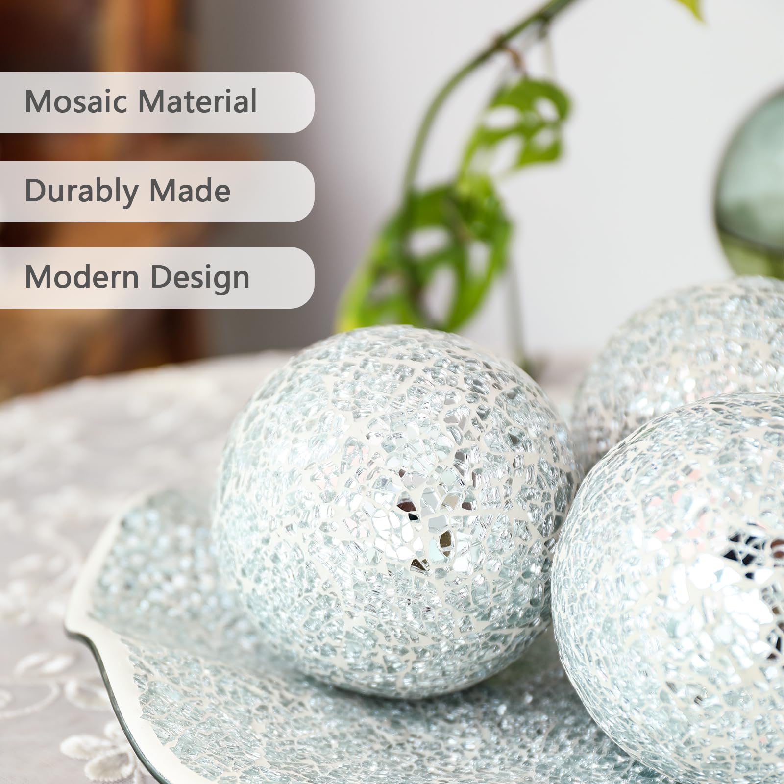 VCUTEKA 4 Inch Decorative Mosaic Glass Balls with Silver Bowl - Elegant Home Decor Centerpiece for Coffee Table, Wedding Party, Holiday Display | Perfect for Living Room, Dining Table, and Event Decorations