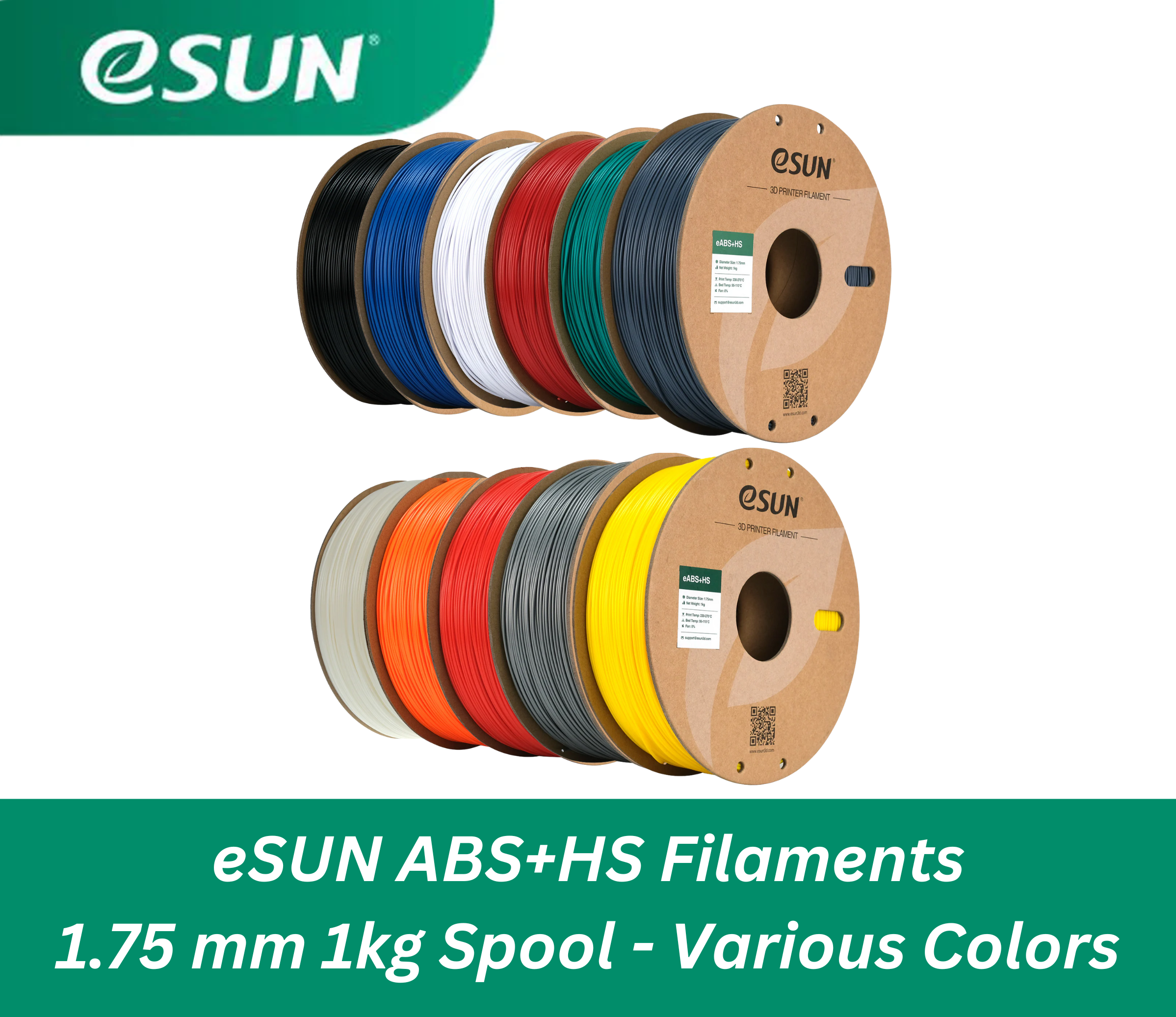 Premium eSUN ABS+HS 3D Printer Filament - 1.75mm, 1kg Spool (Multiple Colors) for High-Quality 3D Printing Projects, DIY Creations & Prototyping