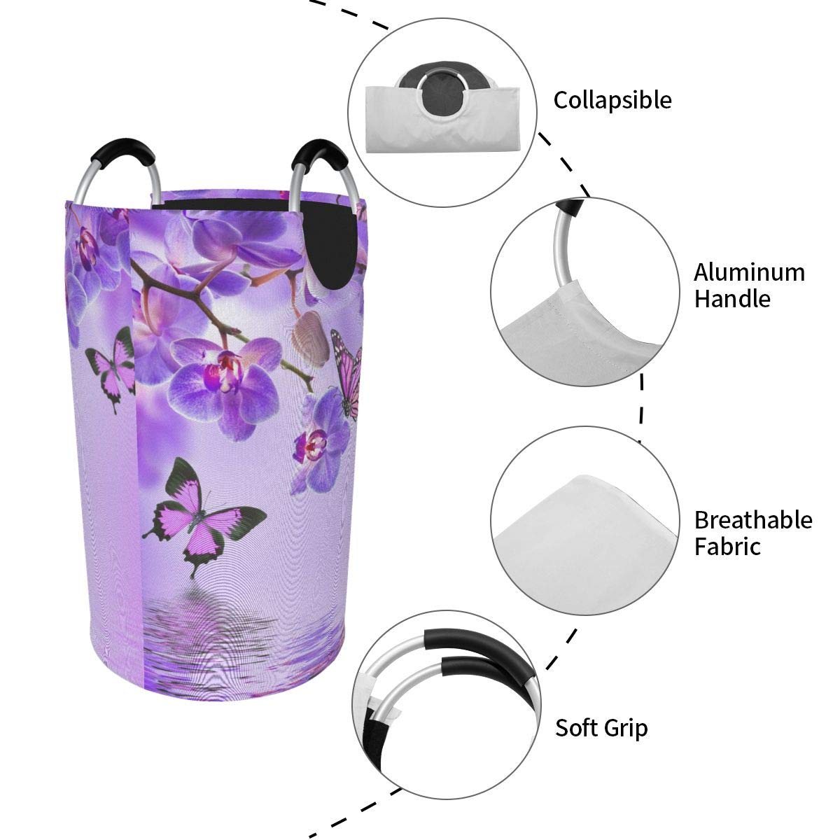 Dujiea 82L X-Large Collapsible Laundry Hamper with Aluminum Handles - Purple Butterfly Design, Tall Round Clothes Storage Basket for Kids, Dorm Room, Bedroom & Bathroom Organization