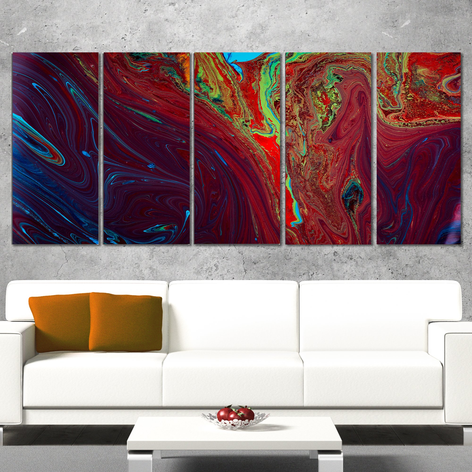 Designart Dark Red Acrylic Paint Mix Abstract Canvas Art - 60x28 Inches 5-Panel Set PT9992-401 - Modern Wall Decor for Living Room, Bedroom & Office