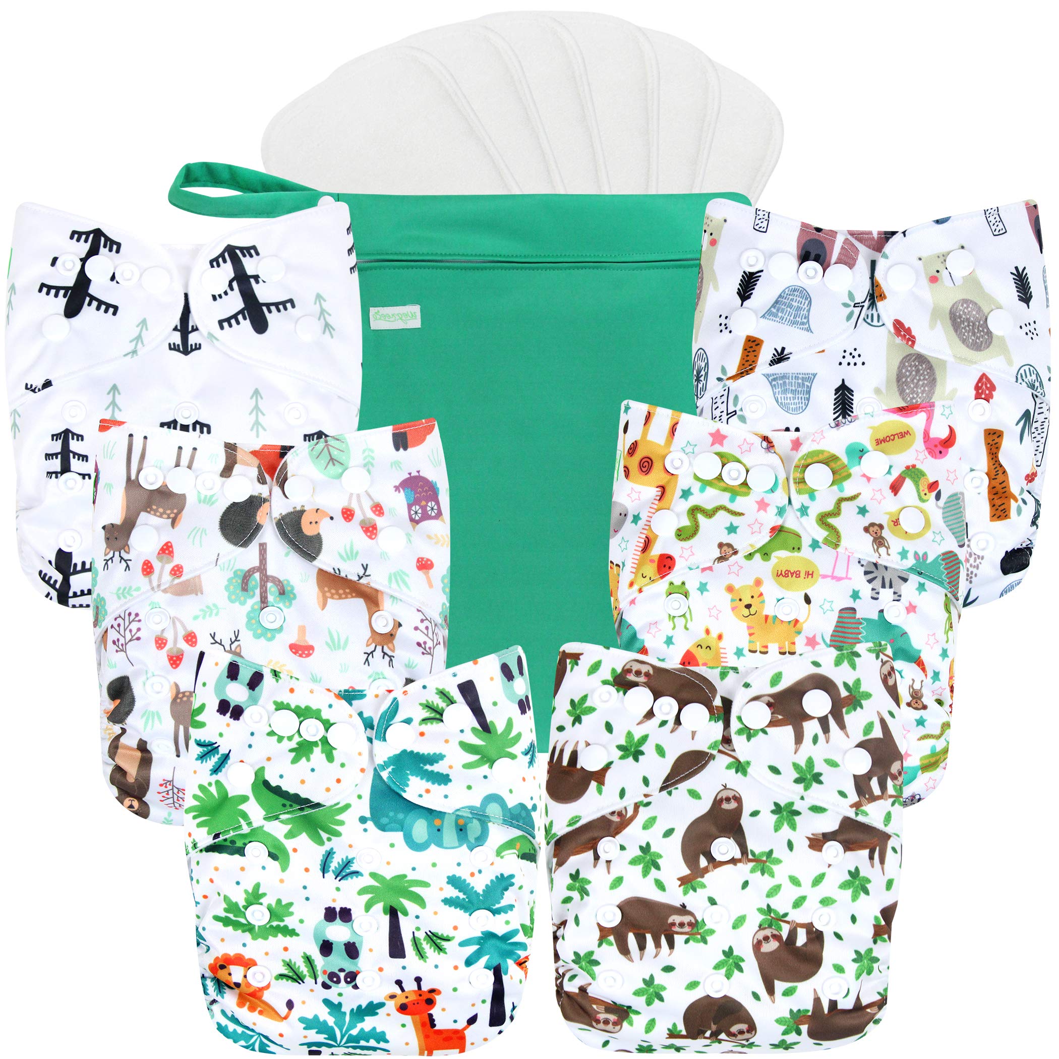 Wegreeco 6 Pack Washable Cloth Diapers for Babies with 6 Inserts & 1 Wet Bag - One Size Adjustable Reusable Baby Diapers (Forest Animals Print) - Eco-Friendly, Soft & Absorbent for Daycare, Travel & Home Use