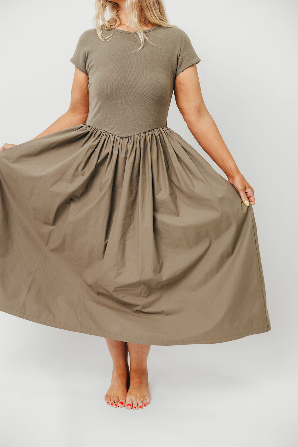 Dolores Olive Rib and Woven Skirt Combo Dress for Women | Elegant Casual Outfit for Parties, Dates & Office Wear