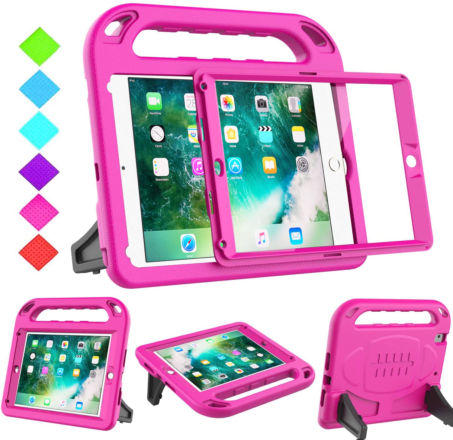 BMOUO Shockproof Kids iPad Case for iPad 9.7 (2018/2017), iPad Air 2/1, iPad Pro 9.7 - Convertible Stand Handle with Built-in Screen Protector - Compatible with iPad 6th/5th Generation 9.7 inch (Rose) - Perfect for School, Travel & Home Use