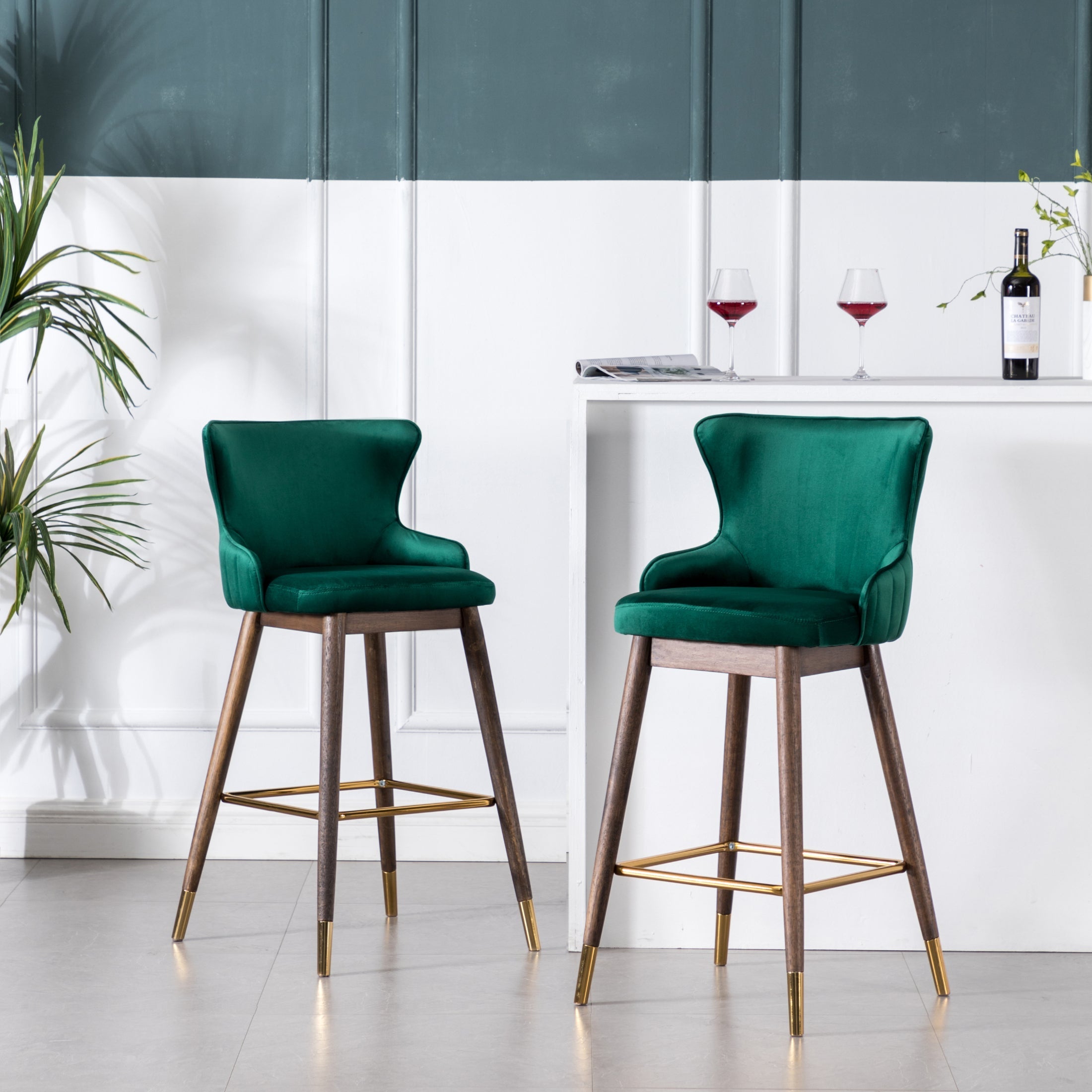Roundhill Furniture Leland Fabric Upholstered Wingback Bar Stools, Green, Set of 2 - Comfortable Counter Height Stools for Kitchen Island, Bar, or Dining Room Decor