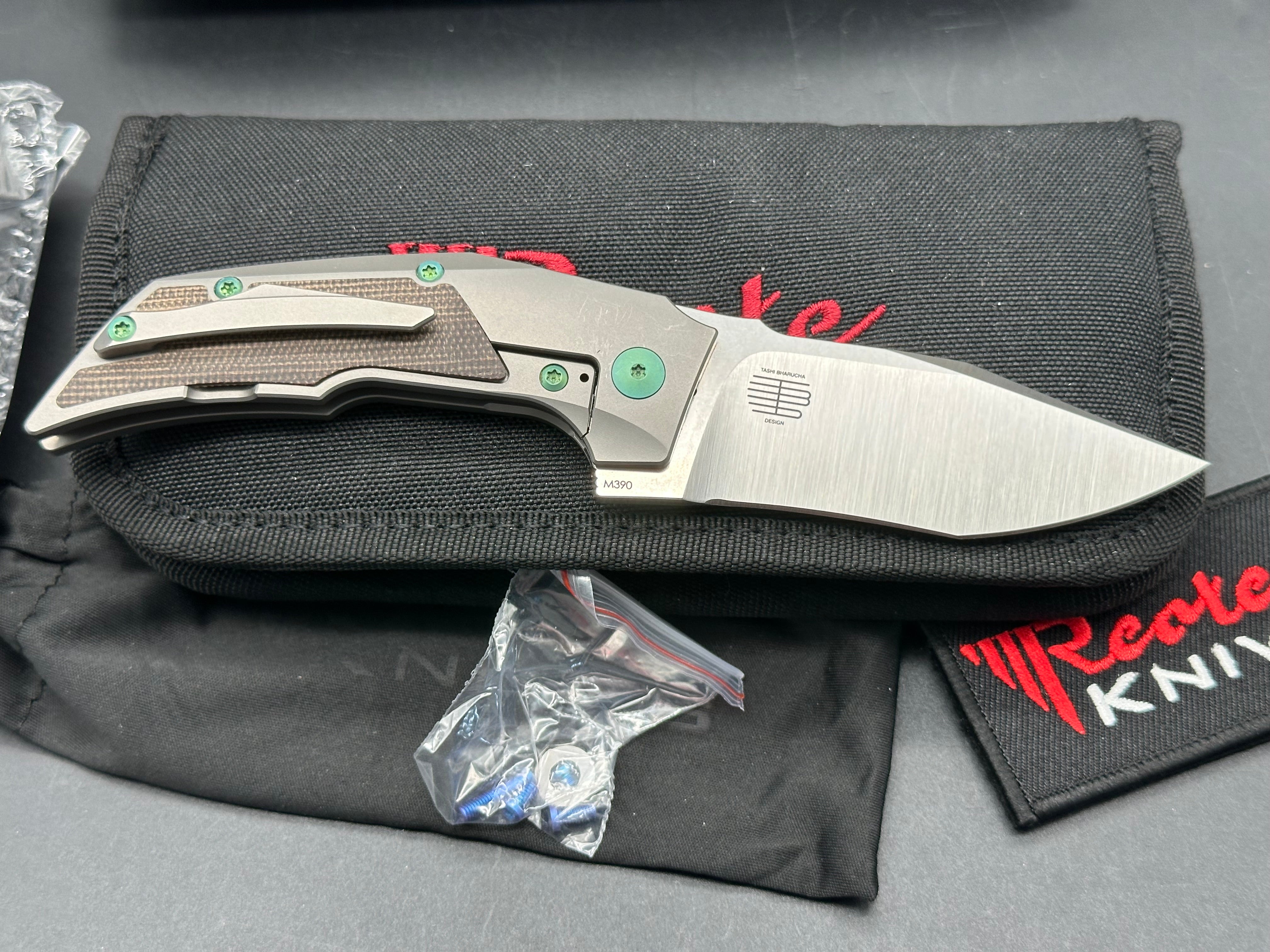 Reate T3000 Folding Knife - Brown Micarta Handle, Green Pivot & Screws, M390 Steel Blade - EDC, Outdoor, Camping, Survival Gear