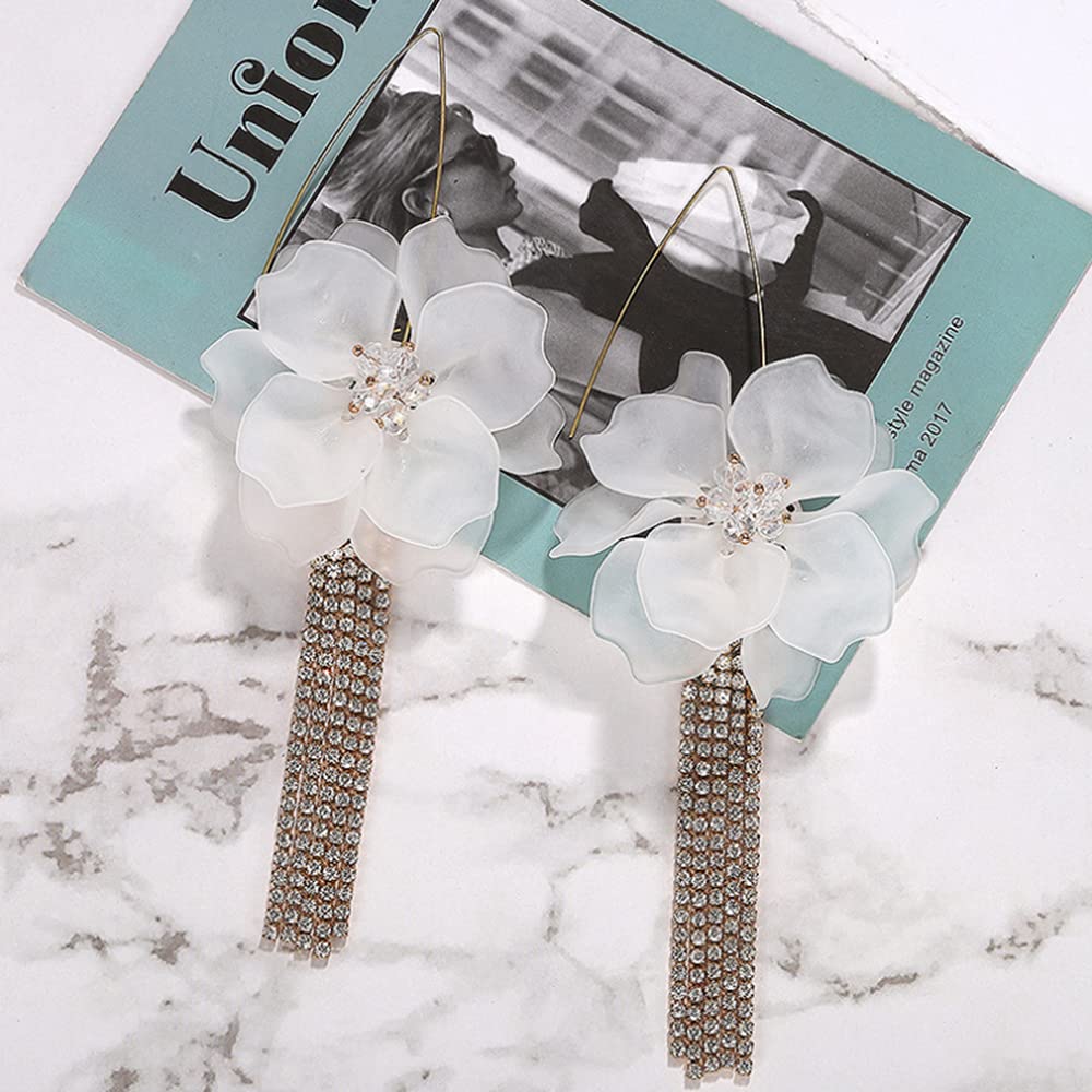 Boho Flower Petal Dangle Drop Earrings for Women - Gold Rhinestone Tassel Chain Fringe Acrylic Resin Floral Earrings - Crystal Statement Bridal Hoop Earrings for Wedding, Party & Special Occasions (White)