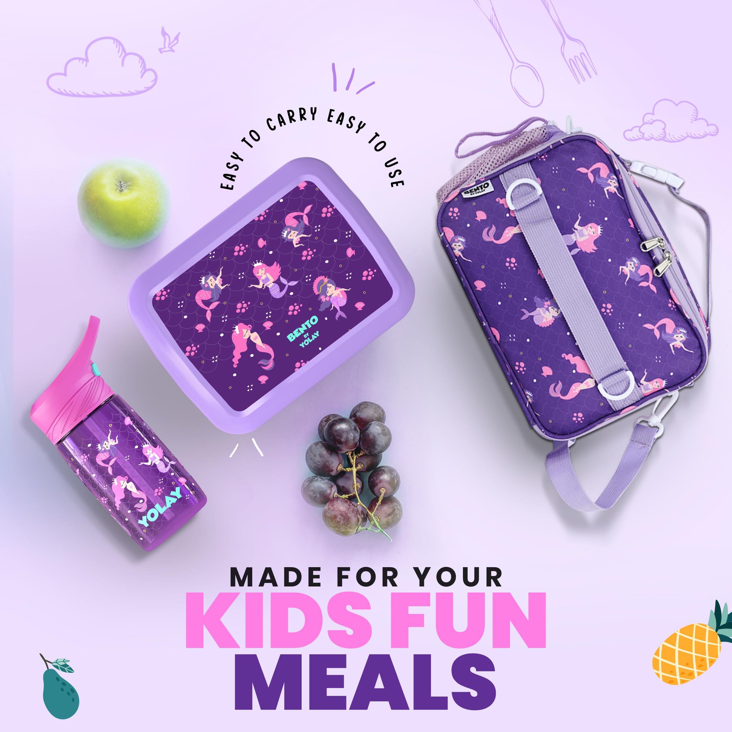 Leak-Proof Kids Bento Lunch Box with 5 Compartments - Durable, Anti-Slip Base for Ages 3-10 | Perfect for School, Travel, Picnics & Outdoor Activities (Mermaid Design)