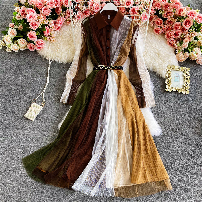 Stylish Long Sleeve Mesh Polo Collar Swing Dress for Women - Perfect for Casual Outings, Office Wear & Evening Events
