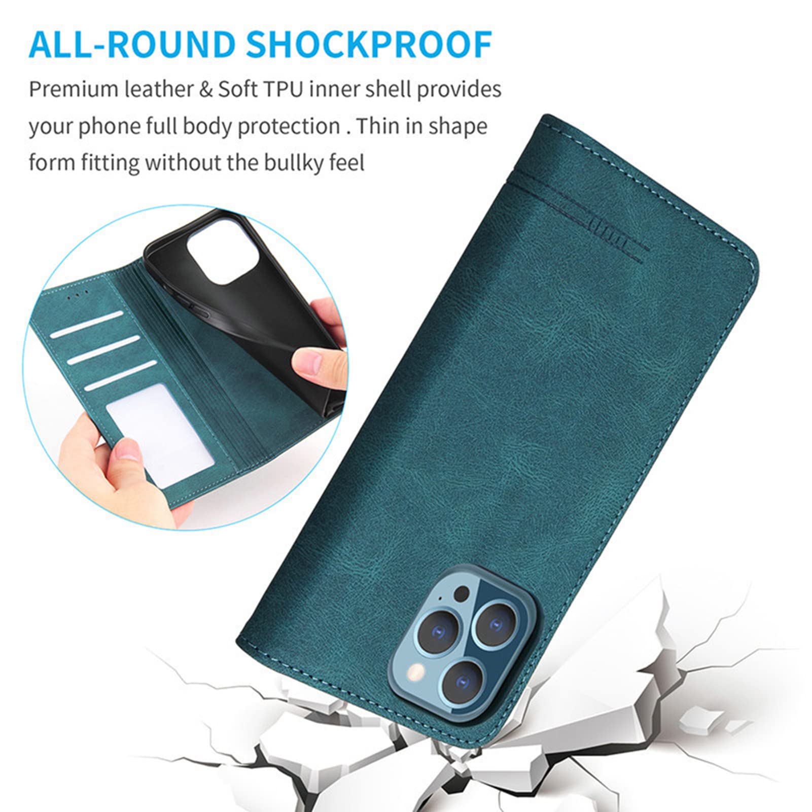 Magnetic PU Leather Wallet Case for iPhone 13 Pro Max - Shockproof Card Holder & Stand (Blue) for Daily Use