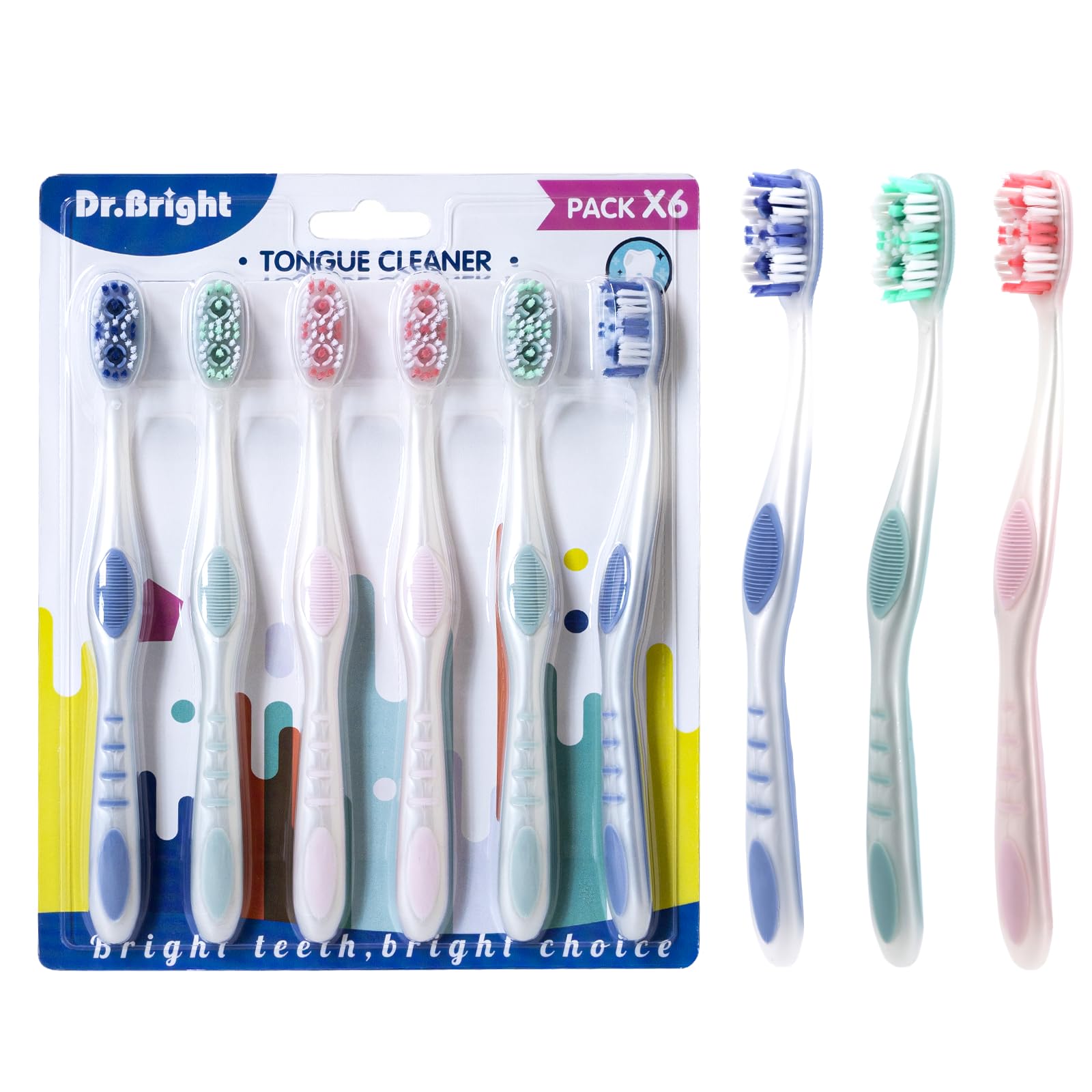 Premium Medium Bristle Toothbrushes for Adults - 6 Pack with Tongue Cleaner & Ergonomic Handle | BPA-Free, Travel-Friendly Dental Care | Ideal for Home, Office & Travel Use (Assorted Colors)