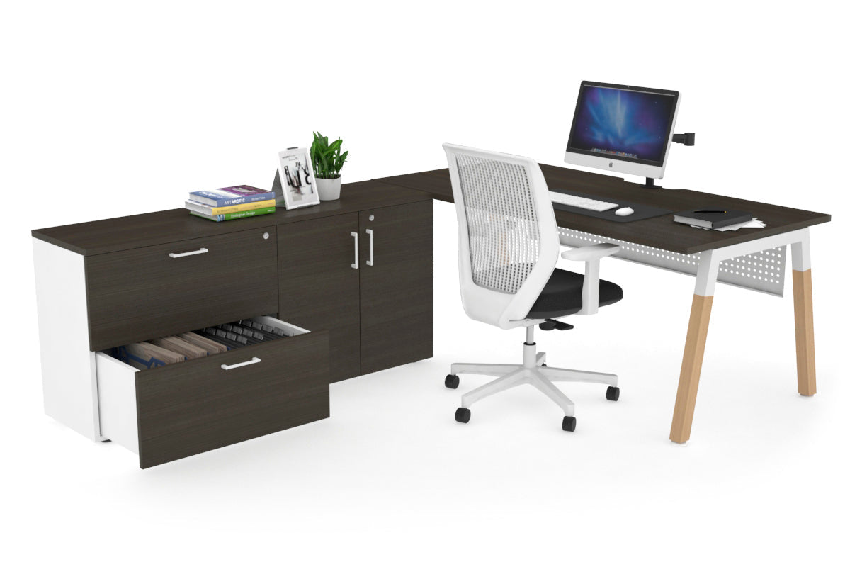 Premium Quadro A-Legs Executive Desk - Solid Wood Legs with White Cross Beam [1600L x 800W] - Modern Office Furniture for Home & Workspace - Includes Cable Management Scallop for Neat Setup