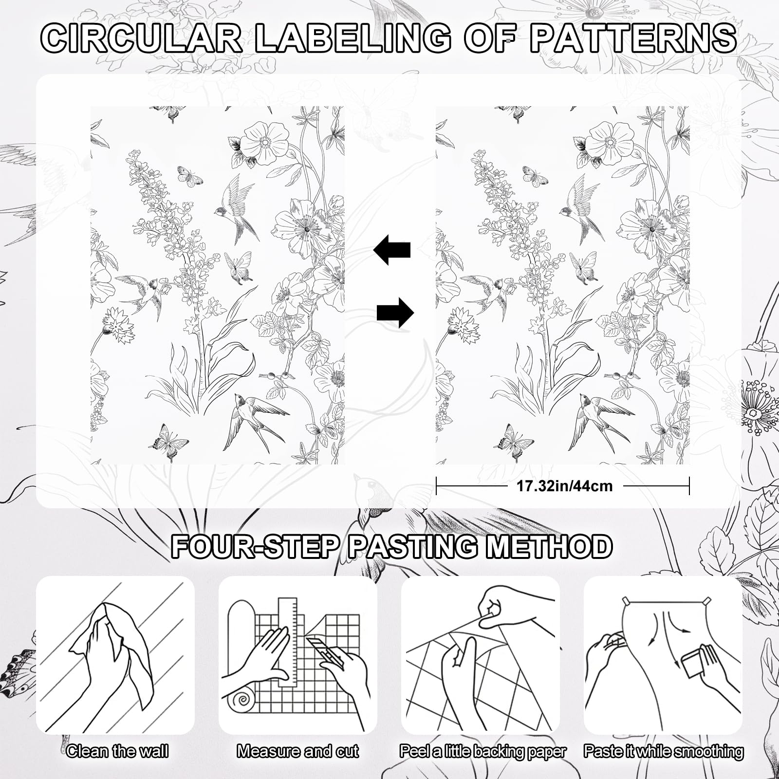 Modern Black and White Floral Peel and Stick Wallpaper - Removable Self-Adhesive Vinyl Contact Paper 17.3” x 120” - Birds Sketch Design for Bedroom, Living Room, Cabinets & Shelf Liner - Easy Home Decor Upgrade for Walls & Furniture
